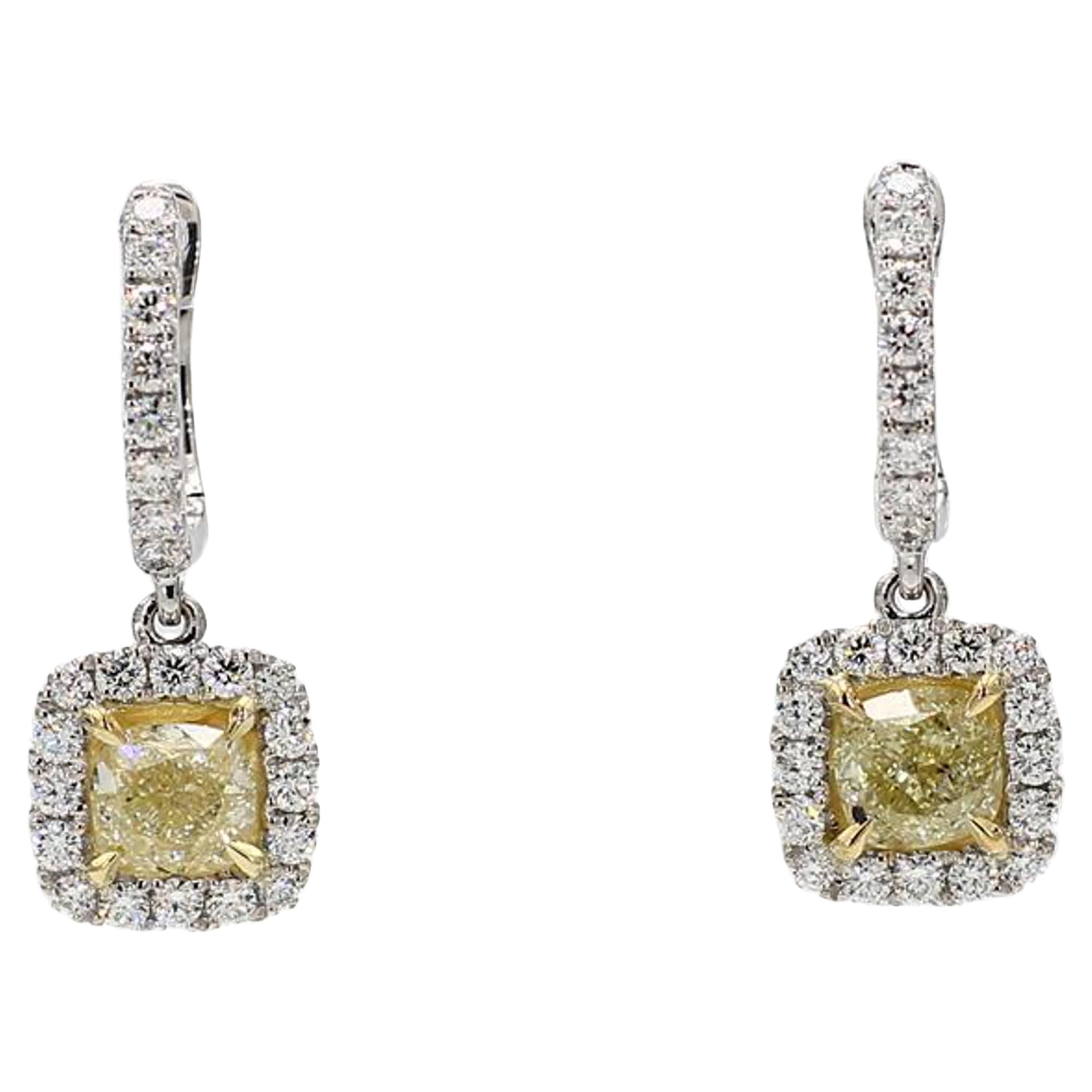 GIA Certified Natural Yellow Cushion Diamond 2.84 Carat TW Gold Drop Earrings