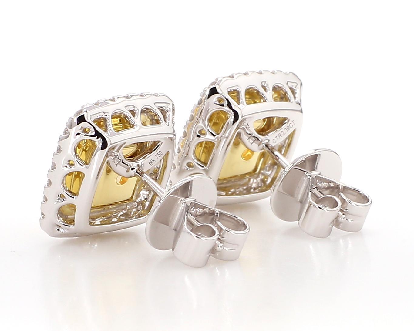 Cushion Cut GIA Certified Natural Yellow Cushion Diamond 3.02 Carat TW Gold Stud Earrings For Sale