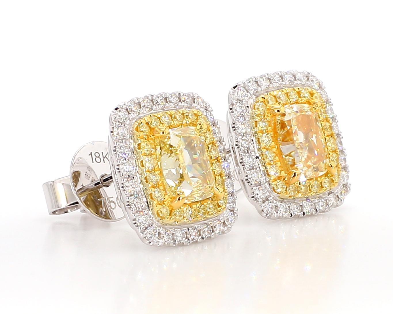GIA Certified Natural Yellow Cushion Diamond 3.02 Carat TW Gold Stud Earrings For Sale 1