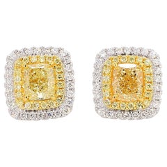 GIA Certified Natural Yellow Cushion Diamond 3.05 Carat TW Gold Stud Earrings