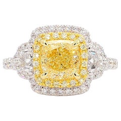 GIA Certified Nature Yellow Cushion Diamond 3.05 Carat TW Plat Cocktail Ring