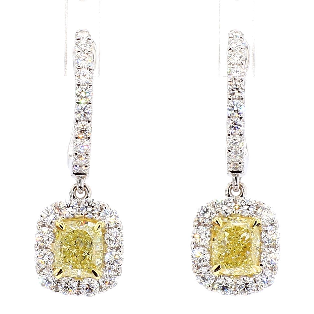 Contemporary GIA Certified Natural Yellow Cushion Diamond 3.16 Carat TW Gold Drop Earrings For Sale