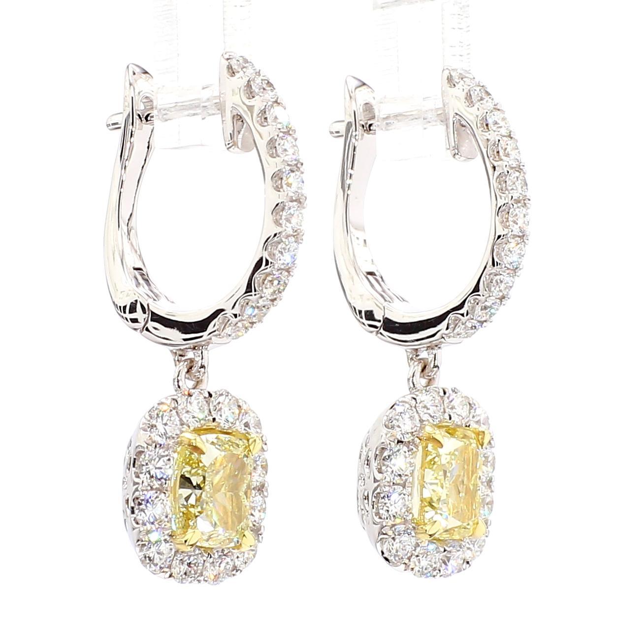 Cushion Cut GIA Certified Natural Yellow Cushion Diamond 3.16 Carat TW Gold Drop Earrings For Sale
