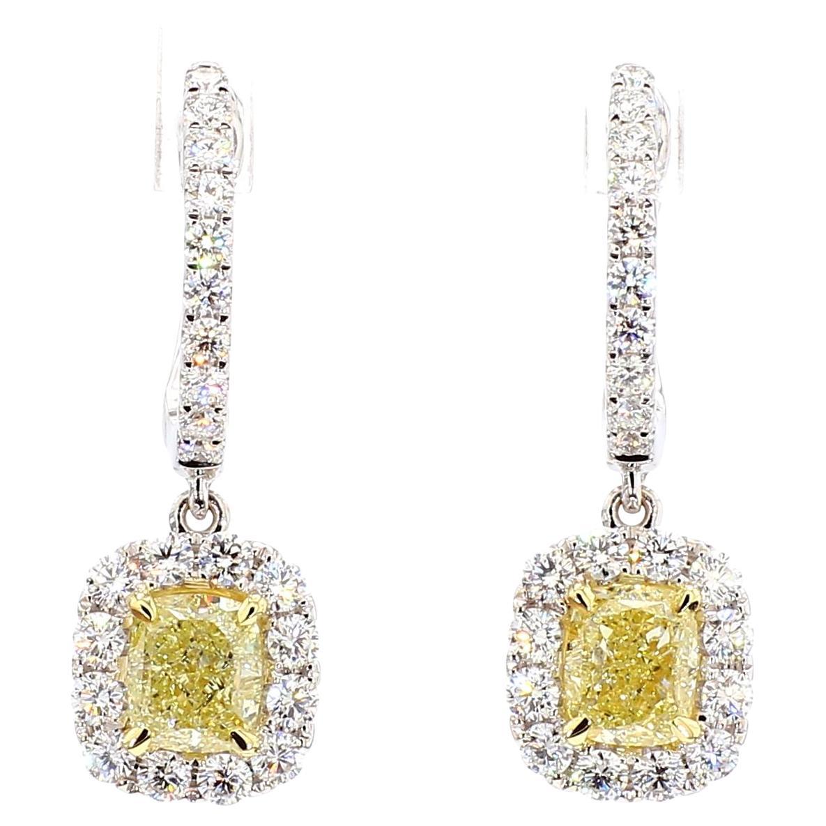 GIA Certified Natural Yellow Cushion Diamond 3.16 Carat TW Gold Drop Earrings