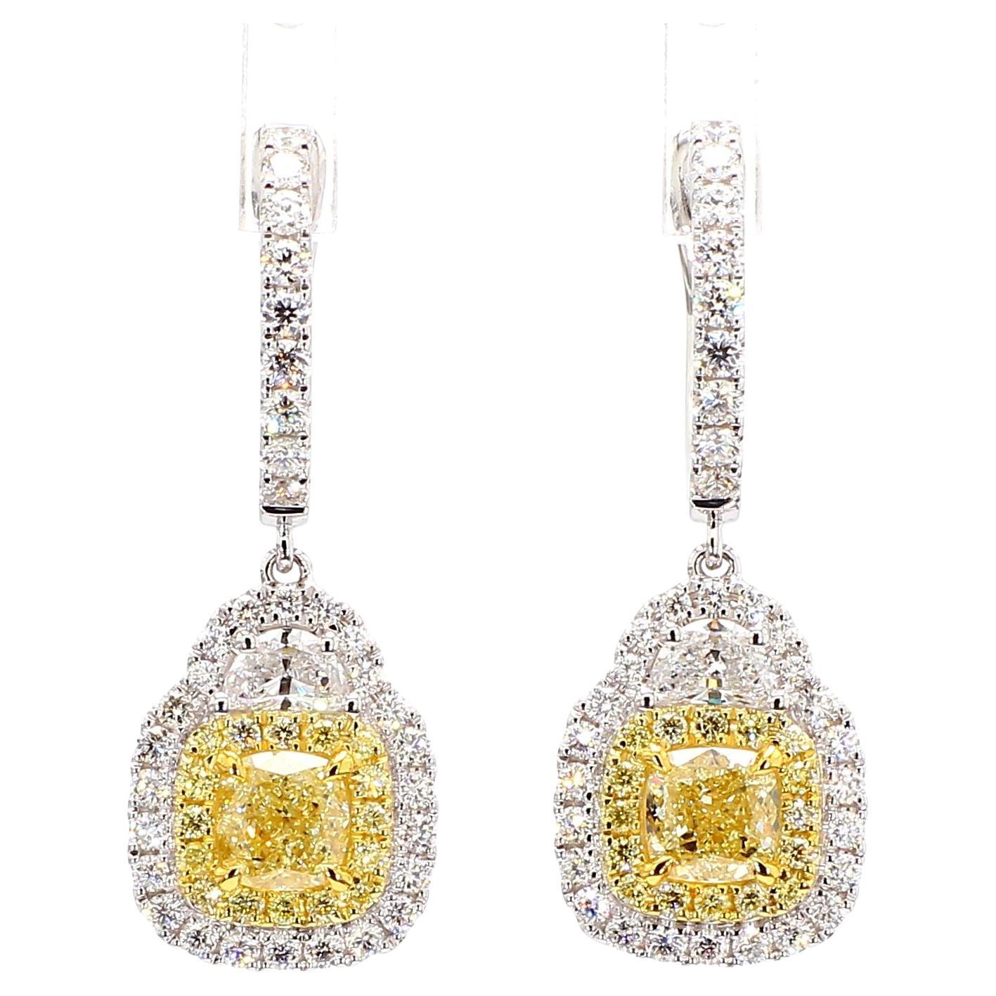 GIA Certified Natural Yellow Cushion Diamond 3.16 Carat TW Gold Drop Earrings