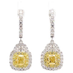 Pendientes de gota de oro con diamante amarillo natural en cojín certificado por GIA de 3.16 quilates TW