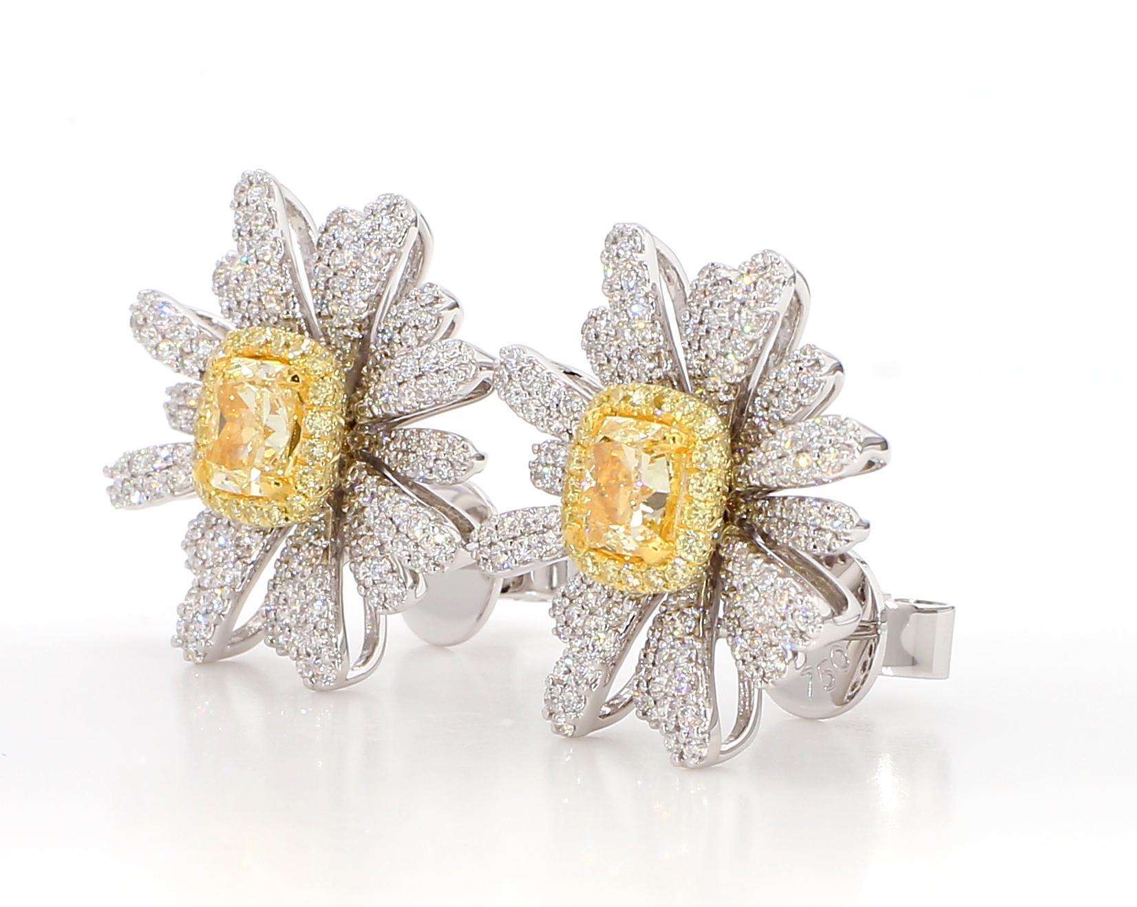 Contemporary GIA Certified Natural Yellow Cushion Diamond 3.30 Carat TW Gold Stud Earrings For Sale