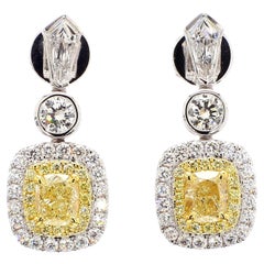 GIA Certified Natural Yellow Cushion Diamond 3.38 Carat TW Gold Drop Earrings