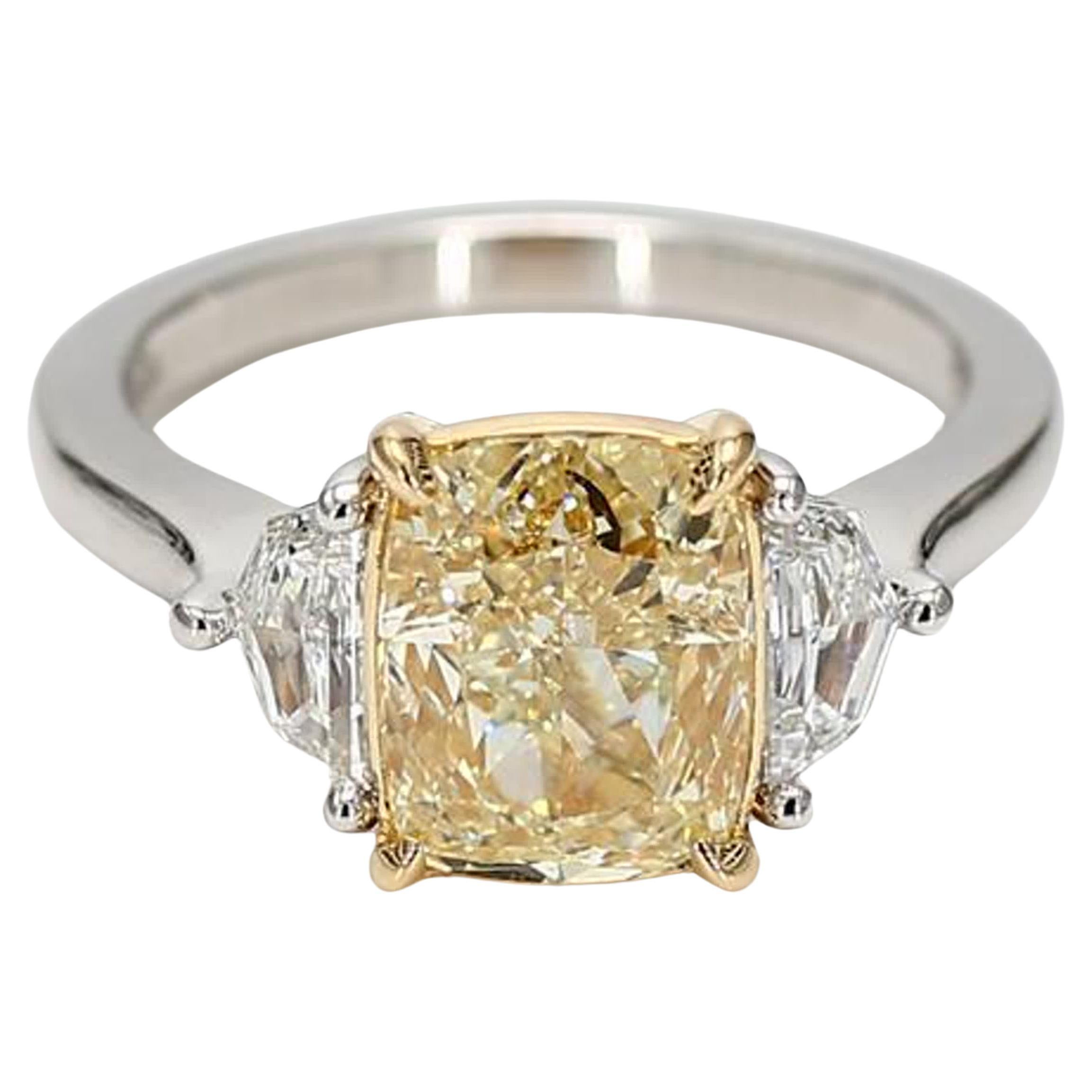 GIA Certified Natural Yellow Cushion Diamond 3.54 Carat TW Plat Cocktail Ring For Sale