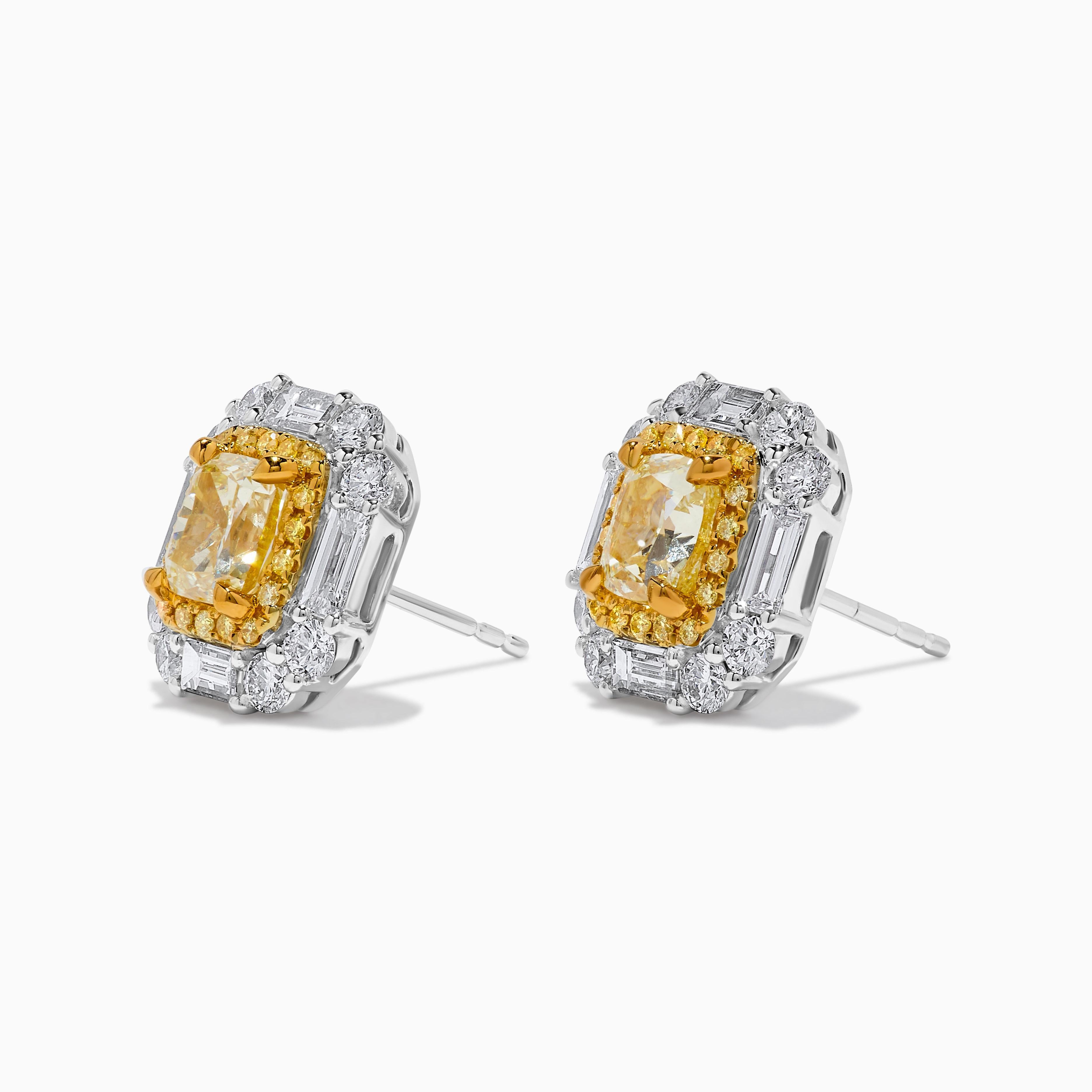 RareGemWorld's beautiful GIA certified diamond earrings. Mounted in a beautiful 18K Yellow and White Gold setting with natural cushion cut yellow diamonds. The yellow diamonds are surrounded by natural white baguette cut diamond, round natural white
