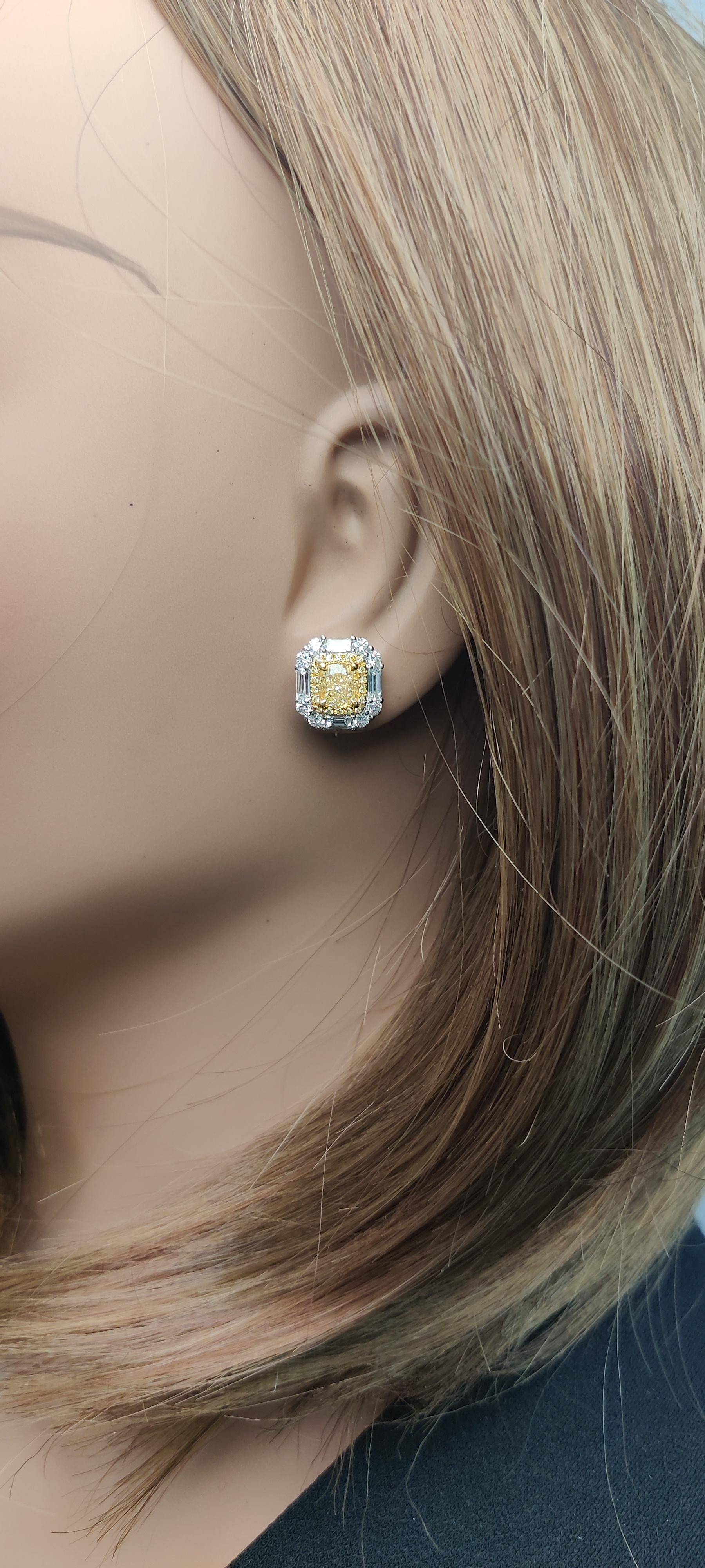 GIA Certified Natural Yellow Cushion Diamond 3.65 Carat TW Gold Stud Earrings In New Condition For Sale In New York, NY