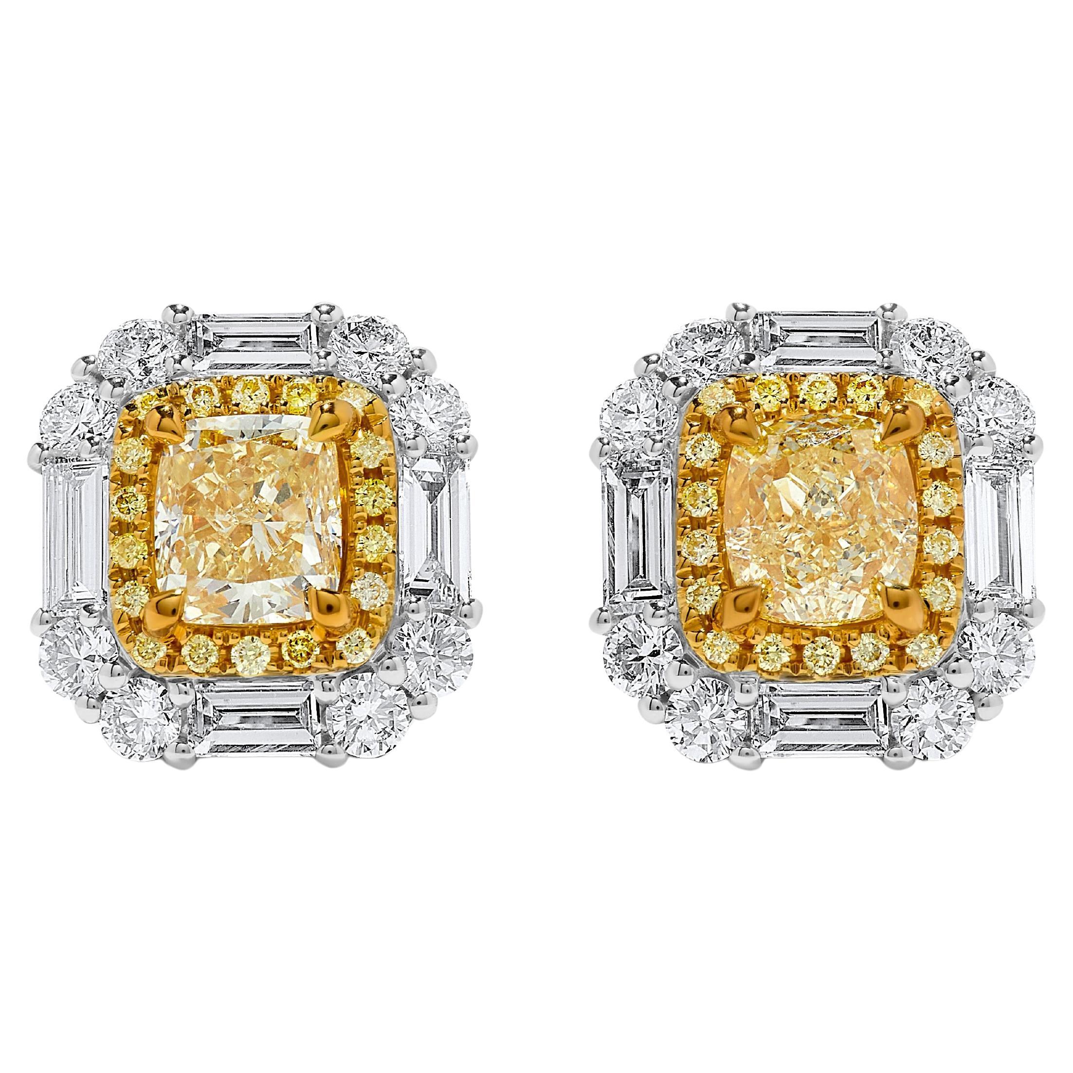 GIA Certified Natural Yellow Cushion Diamond 3.65 Carat TW Gold Stud Earrings