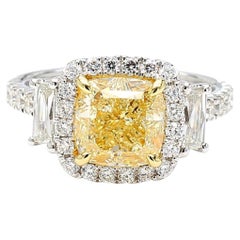 GIA Certified Natural Yellow Cushion Diamond 4.05 Carat TW Gold Cocktail Ring