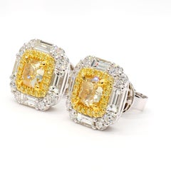 GIA Certified Natural Yellow Cushion Diamond 4.07 Carat TW Gold Stud Earrings