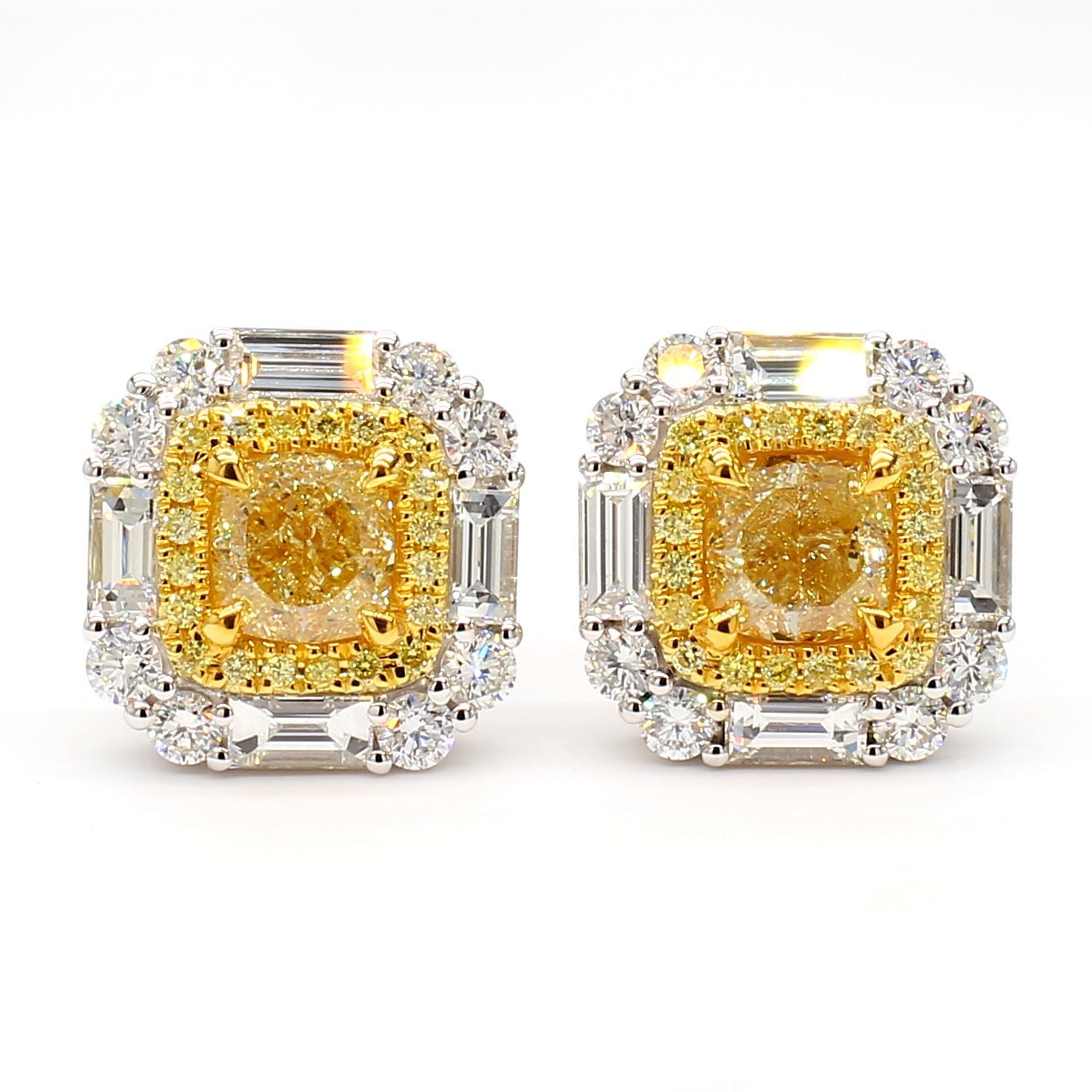Contemporary GIA Certified Natural Yellow Cushion Diamond 4.07 Carat TW Gold Stud Earrings For Sale