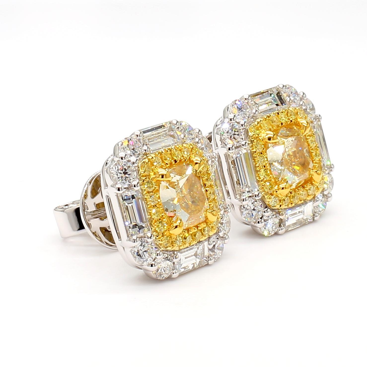 Cushion Cut GIA Certified Natural Yellow Cushion Diamond 4.07 Carat TW Gold Stud Earrings For Sale