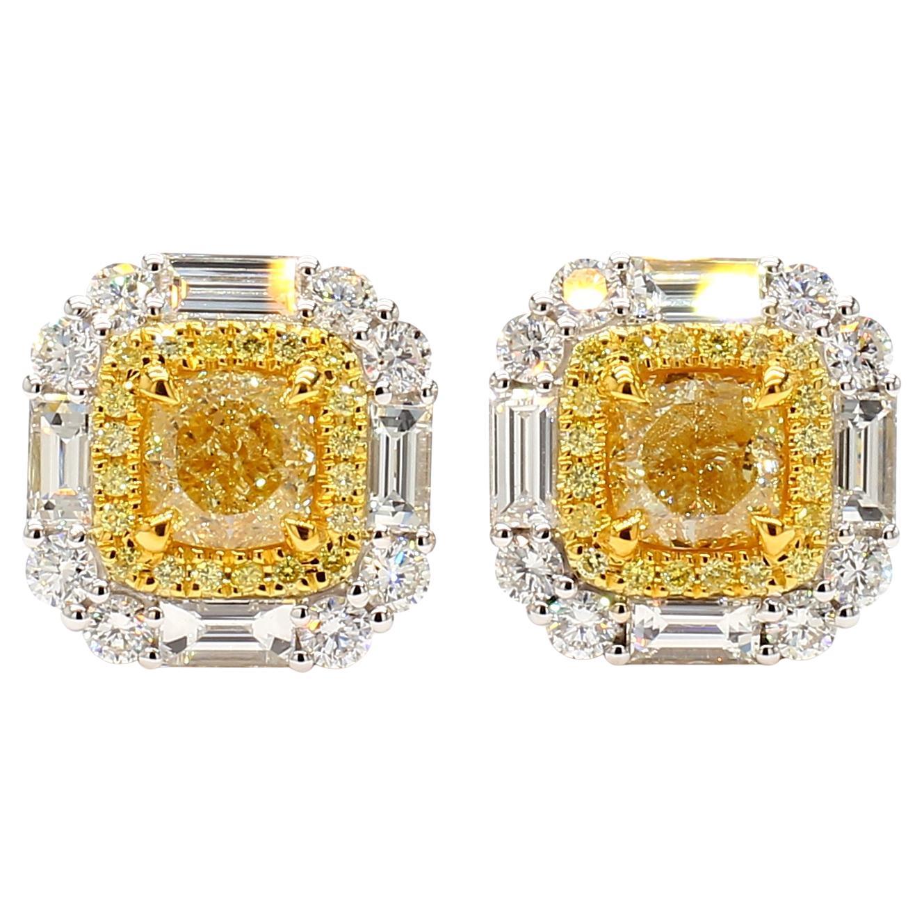 GIA Certified Natural Yellow Cushion Diamond 4.07 Carat TW Gold Stud Earrings