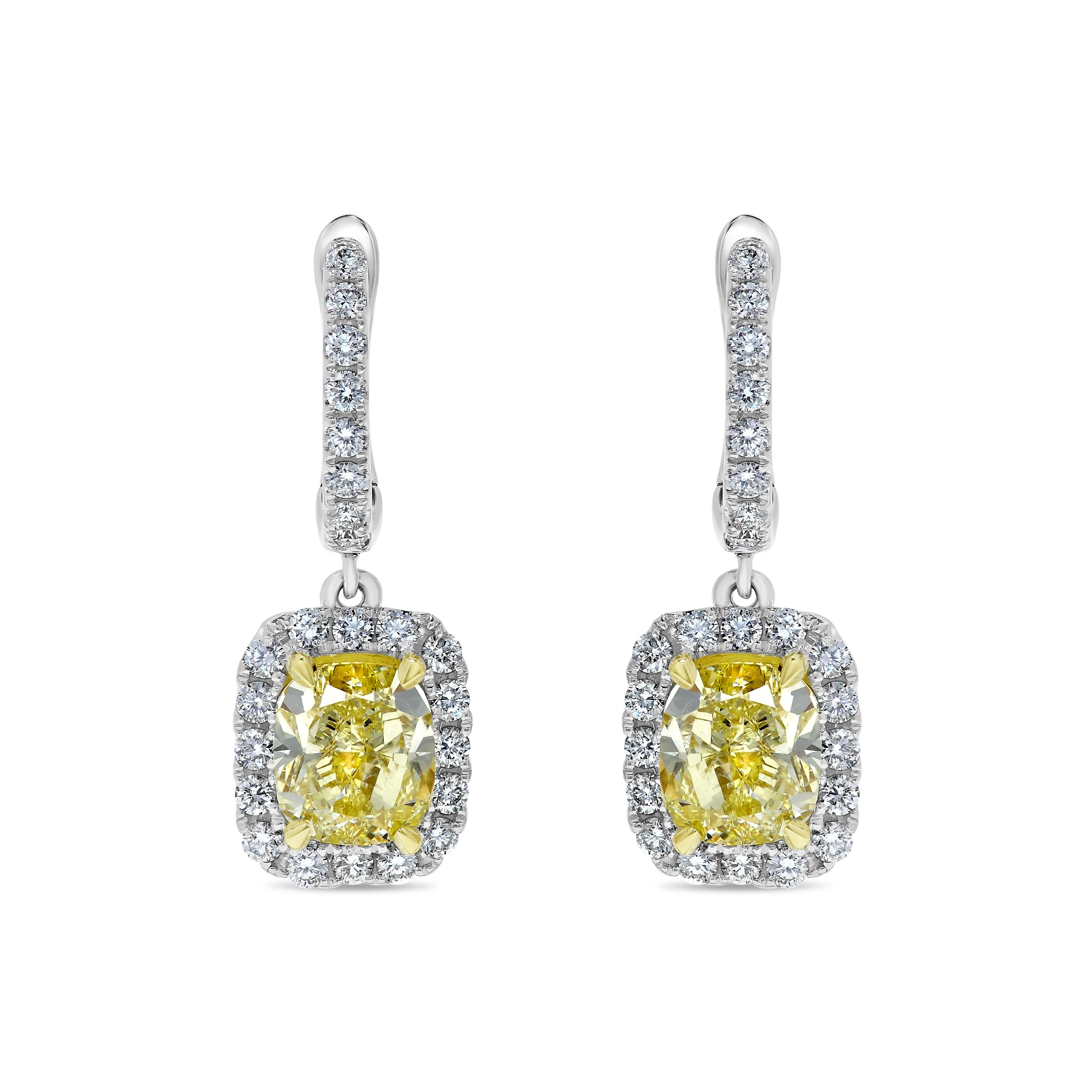 Contemporary GIA Certified Natural Yellow Cushion Diamond 4.11 Carat TW Gold Drop Earrings For Sale
