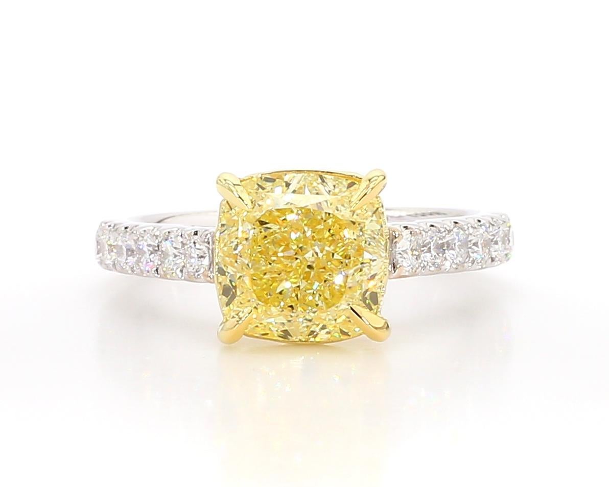 Contemporary GIA Certified Natural Yellow Cushion Diamond 4.55 Carat TW Gold Cocktail Ring For Sale