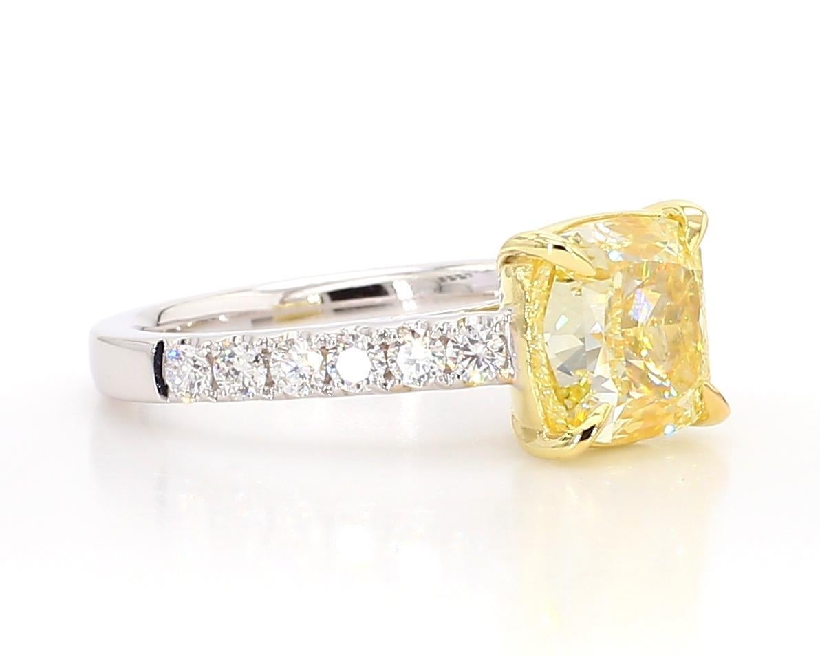 Cushion Cut GIA Certified Natural Yellow Cushion Diamond 4.55 Carat TW Gold Cocktail Ring For Sale