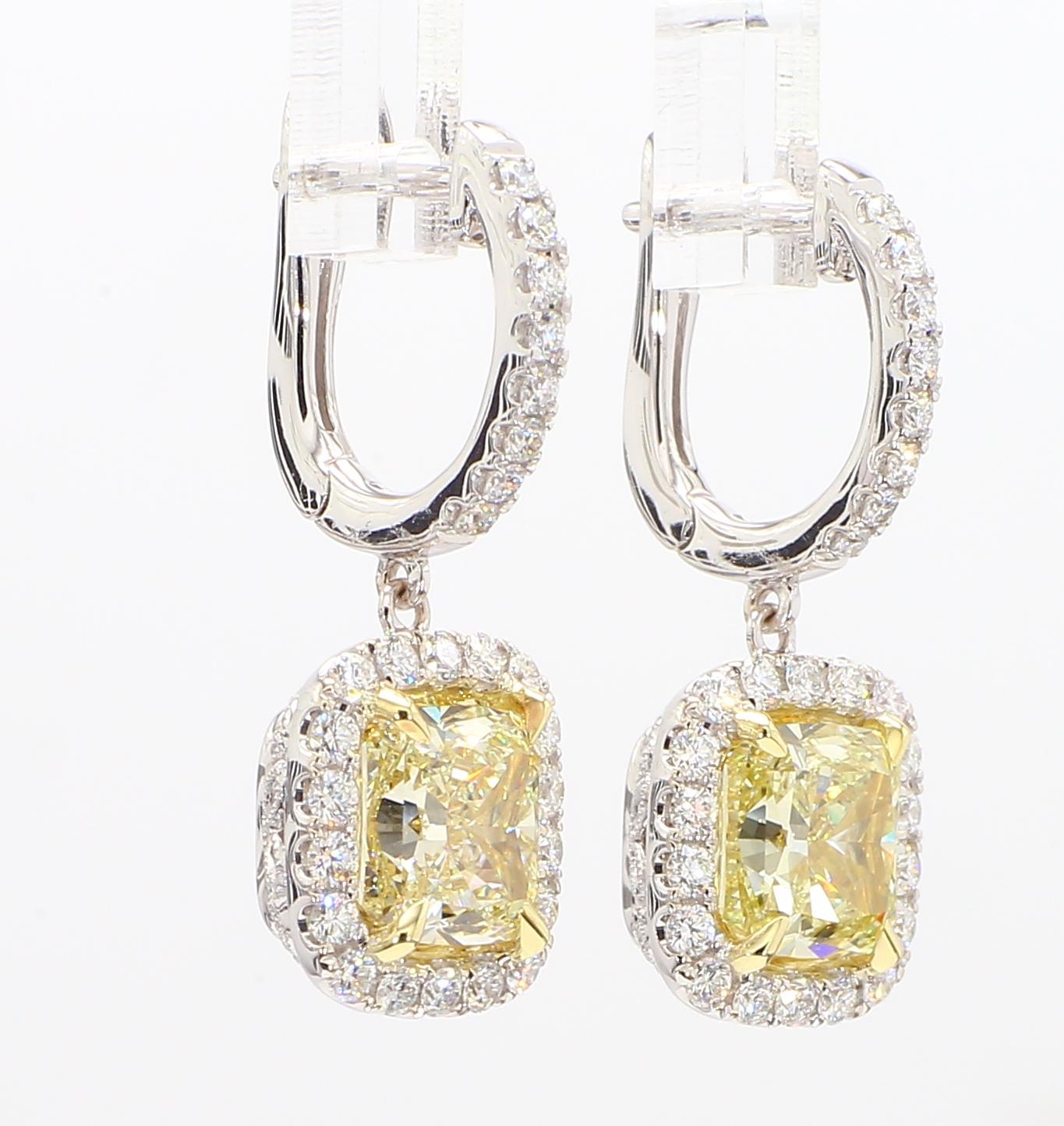 Contemporary GIA Certified Natural Yellow Cushion Diamond 5.24 Carat TW Gold Drop Earrings For Sale
