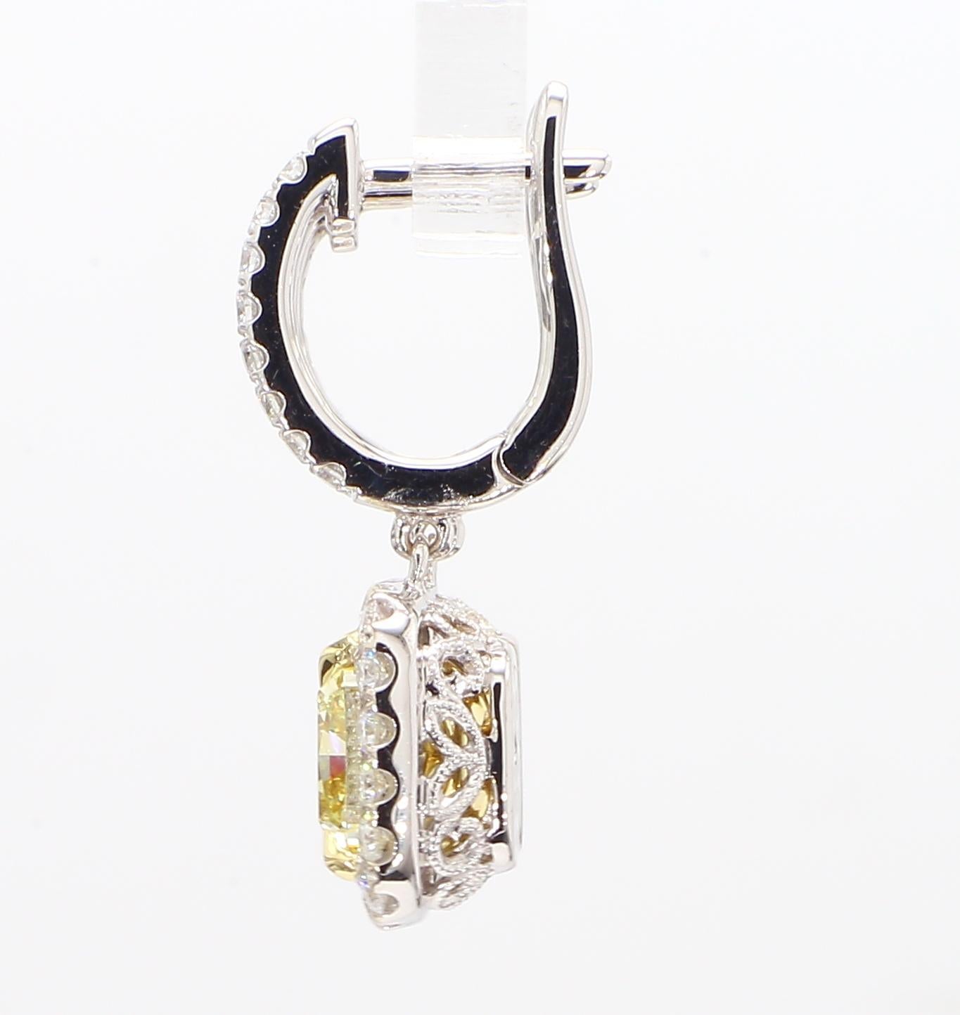 Cushion Cut GIA Certified Natural Yellow Cushion Diamond 5.24 Carat TW Gold Drop Earrings For Sale