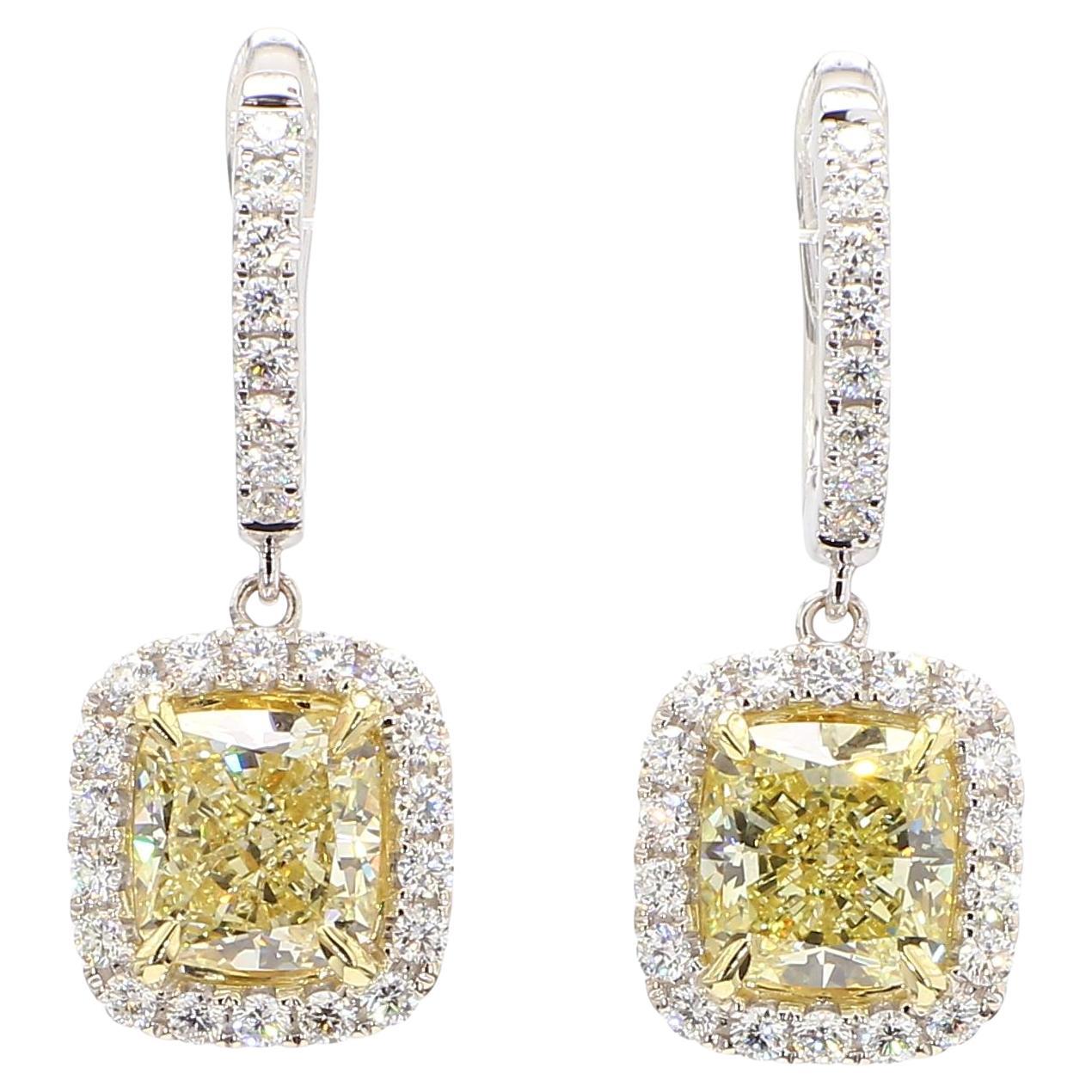 GIA Certified Natural Yellow Cushion Diamond 5.24 Carat TW Gold Drop Earrings