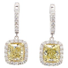 Boucles d'oreilles pendantes en or avec diamant coussin jaune certifié GIA de 5.24 carats TW