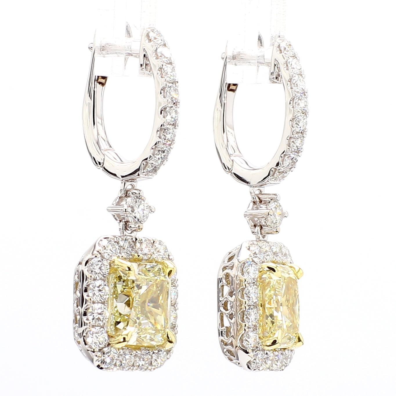 Contemporary GIA Certified Natural Yellow Cushion Diamond 5.37 Carat TW Gold Drop Earrings For Sale