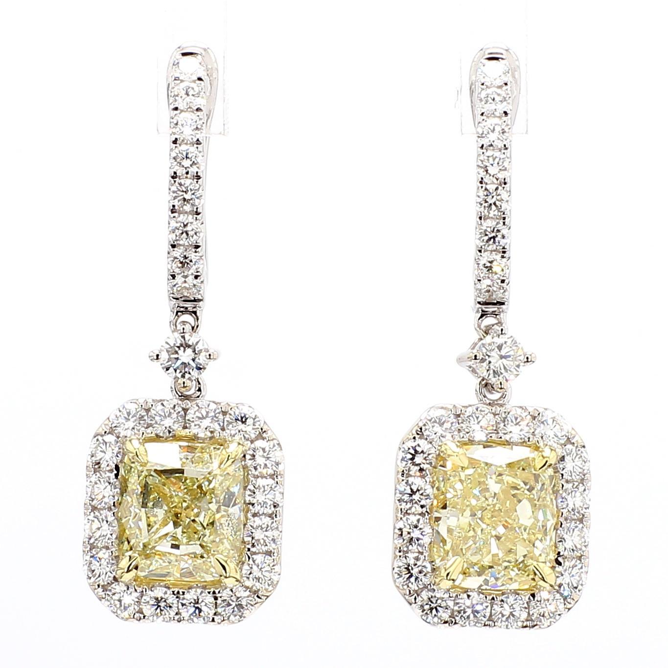 Cushion Cut GIA Certified Natural Yellow Cushion Diamond 5.37 Carat TW Gold Drop Earrings For Sale