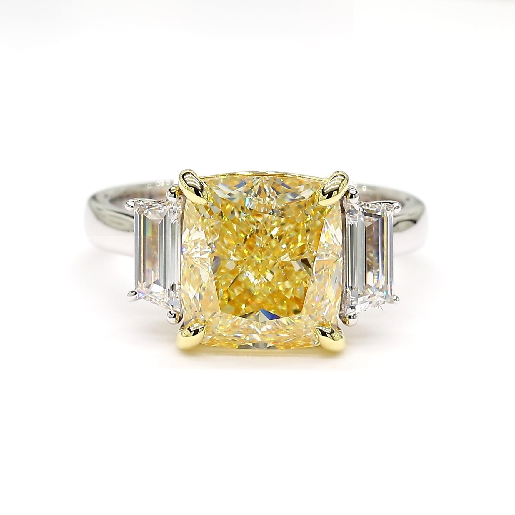 Contemporary GIA Certified Natural Yellow Cushion Diamond 5.65 Carat TW Gold Cocktail Ring For Sale