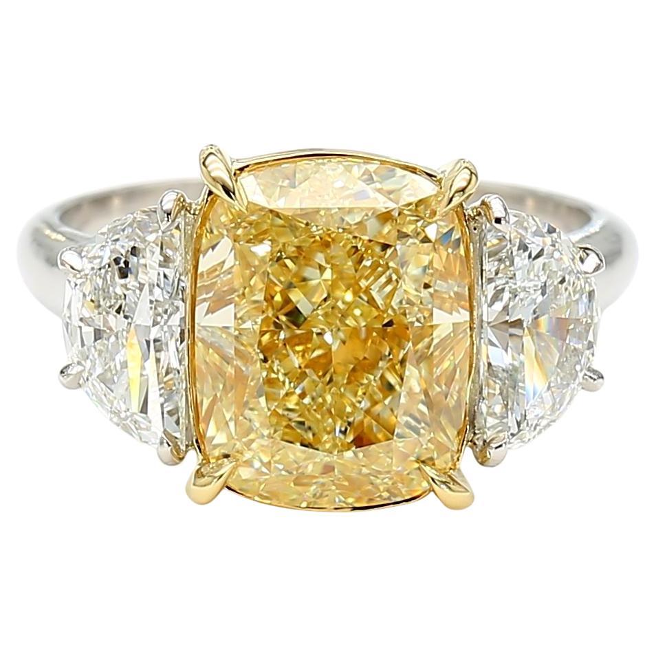 GIA Certified Natural Yellow Cushion Diamond 6.06 Carat TW Gold Cocktail Ring