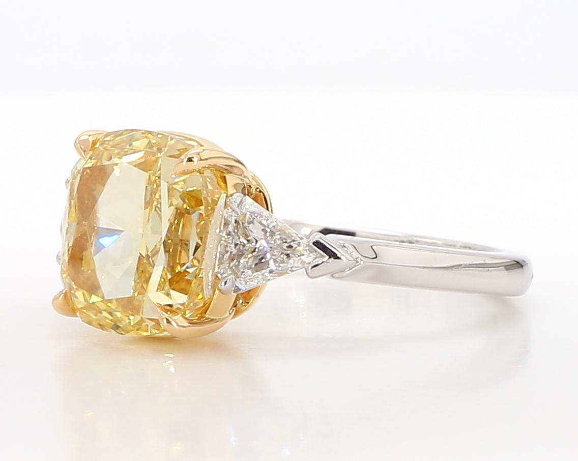 Contemporary GIA Certified Natural Yellow Cushion Diamond 6.34 Carat TW Plat Cocktail Ring For Sale
