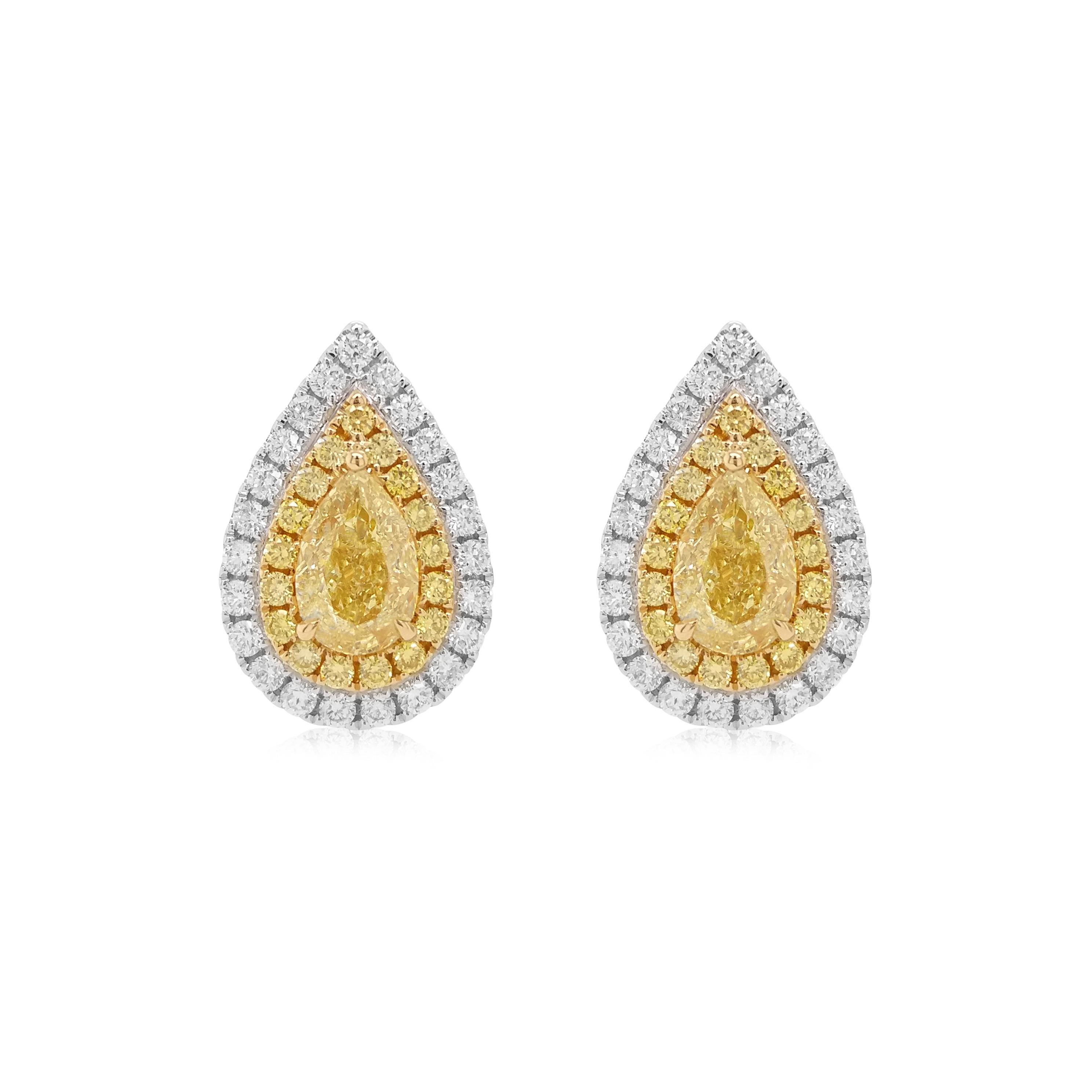 Stilvoll gefasste Diamanten.
 Ein klassisches und wunderschönes Paar birnenförmiger Ohrringe mit gelben Diamanten, gefasst in 18 Karat Gold.

GIA-zertifizierte gelbe Diamanten in Birnenform - 1.0 Karat
Gelbe Diamanten im Brillantschliff -0,36