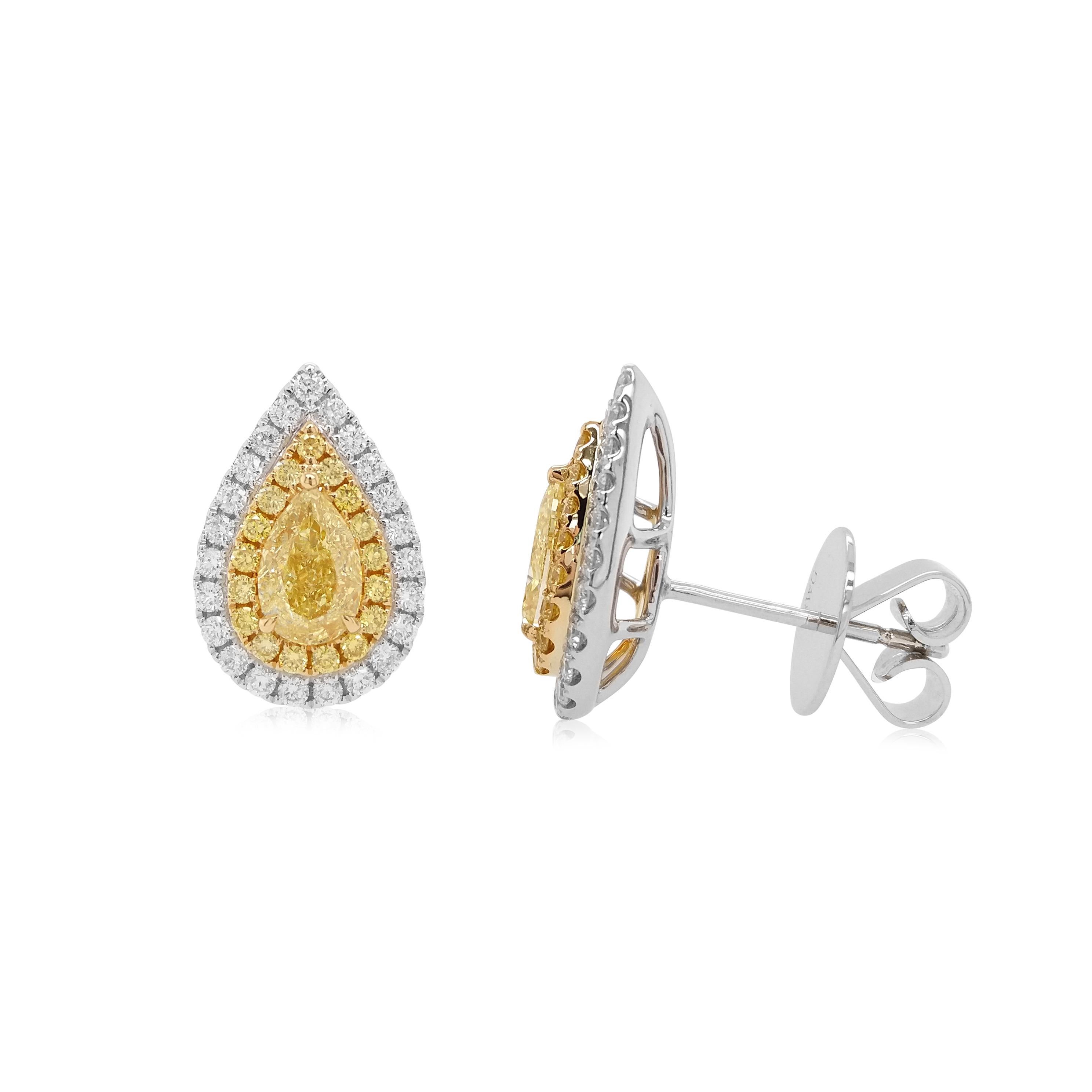 GIA-zertifizierte Birnenform 1,0 Karat Gelber Diamant Weißer Diamant 18K Gold Ohrringe (Art déco)