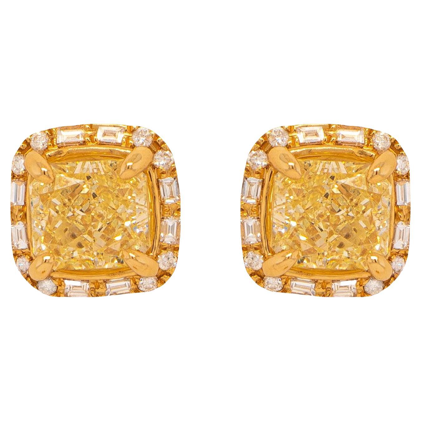 GIA Certified Natural Fancy Yellow Diamond Stud Earrings 2.27 Carats 18K Gold For Sale