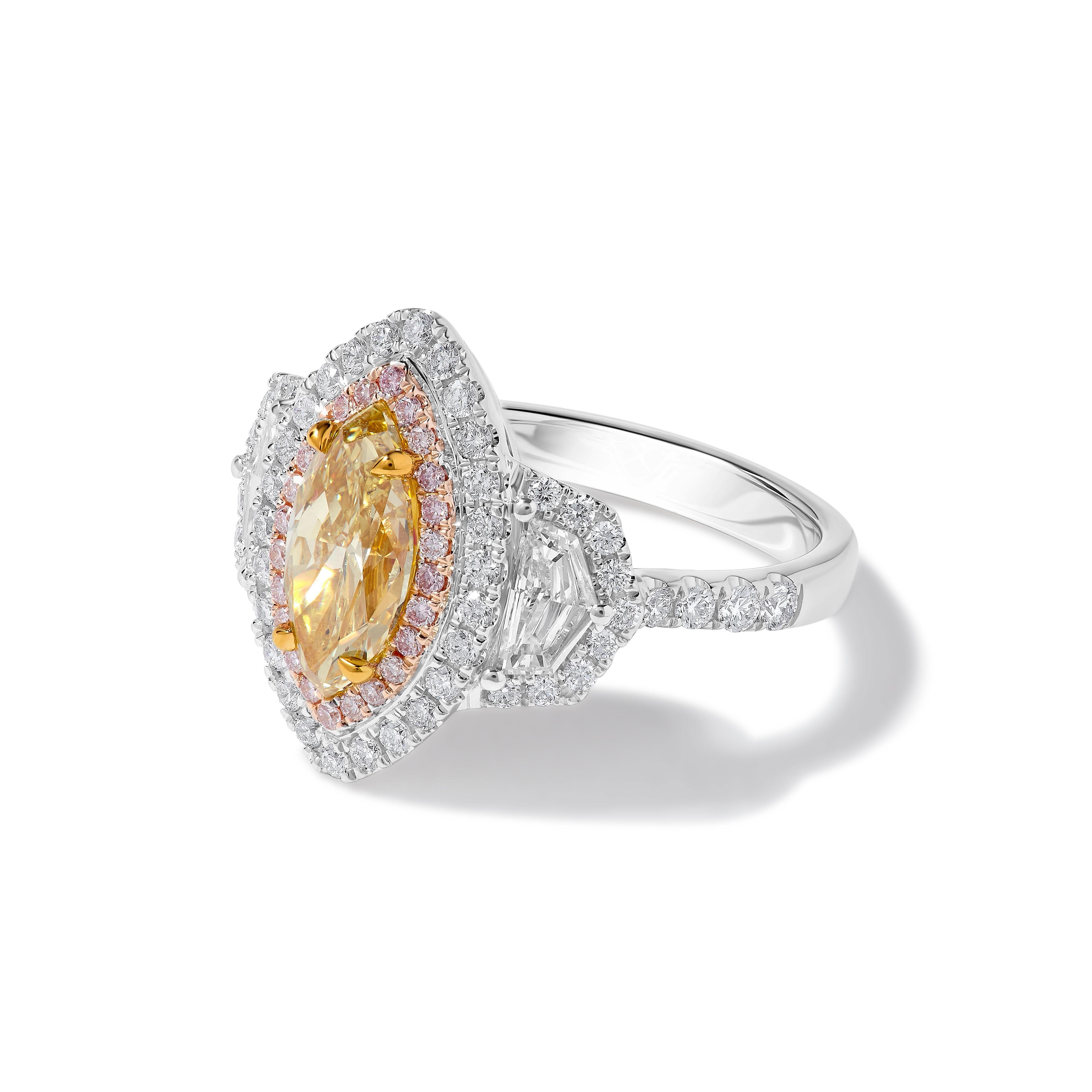 Contemporary GIA Certified Natural Yellow Marquise Diamond 2.73 Carat TW Gold Cocktail Ring For Sale