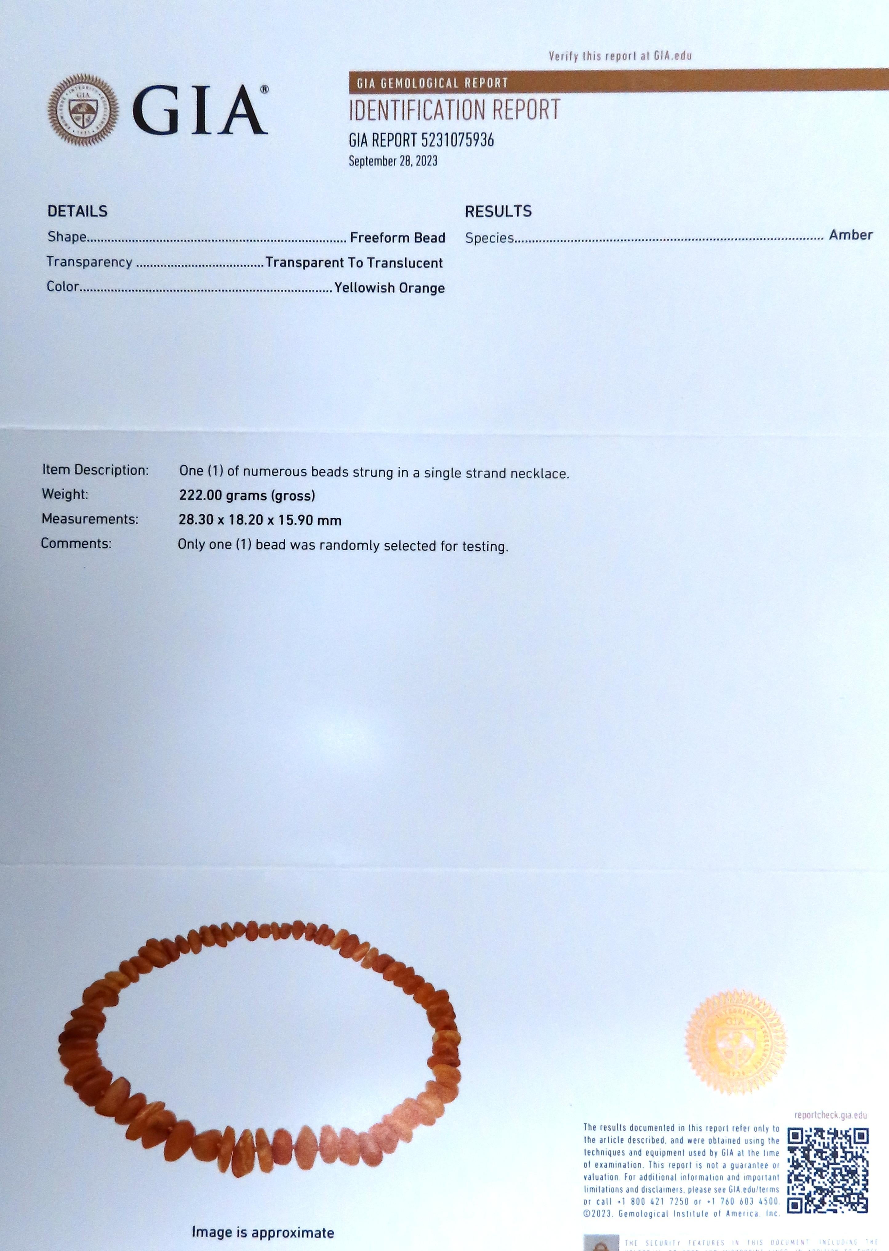 GIA Certified Natural Yellow Orange Amber Bead Necklace 12416 In New Condition For Sale In New York, NY