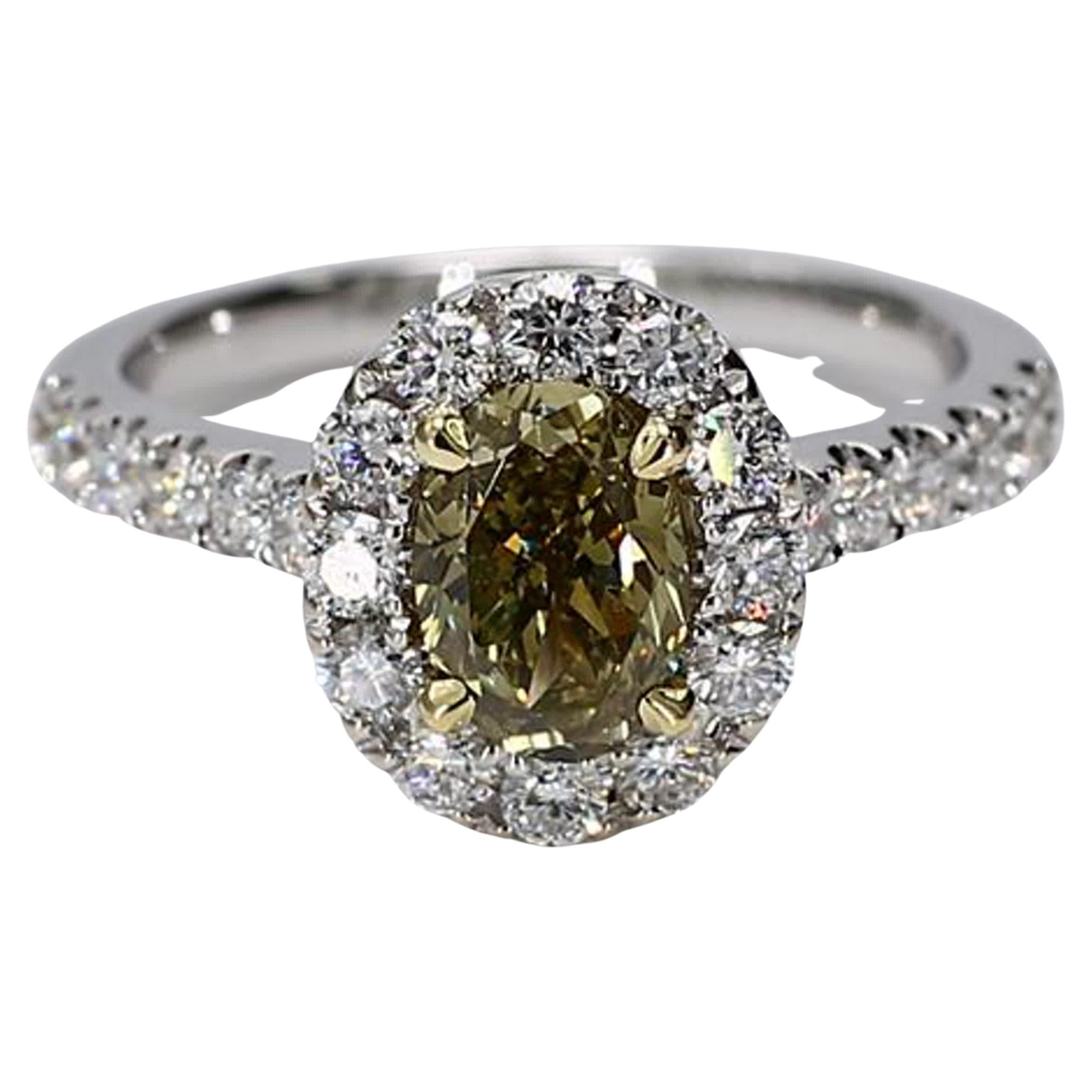 Gia Certified Natural Yellow Oval and White Diamond 1.78 Carat TW Gold Ring For Sale