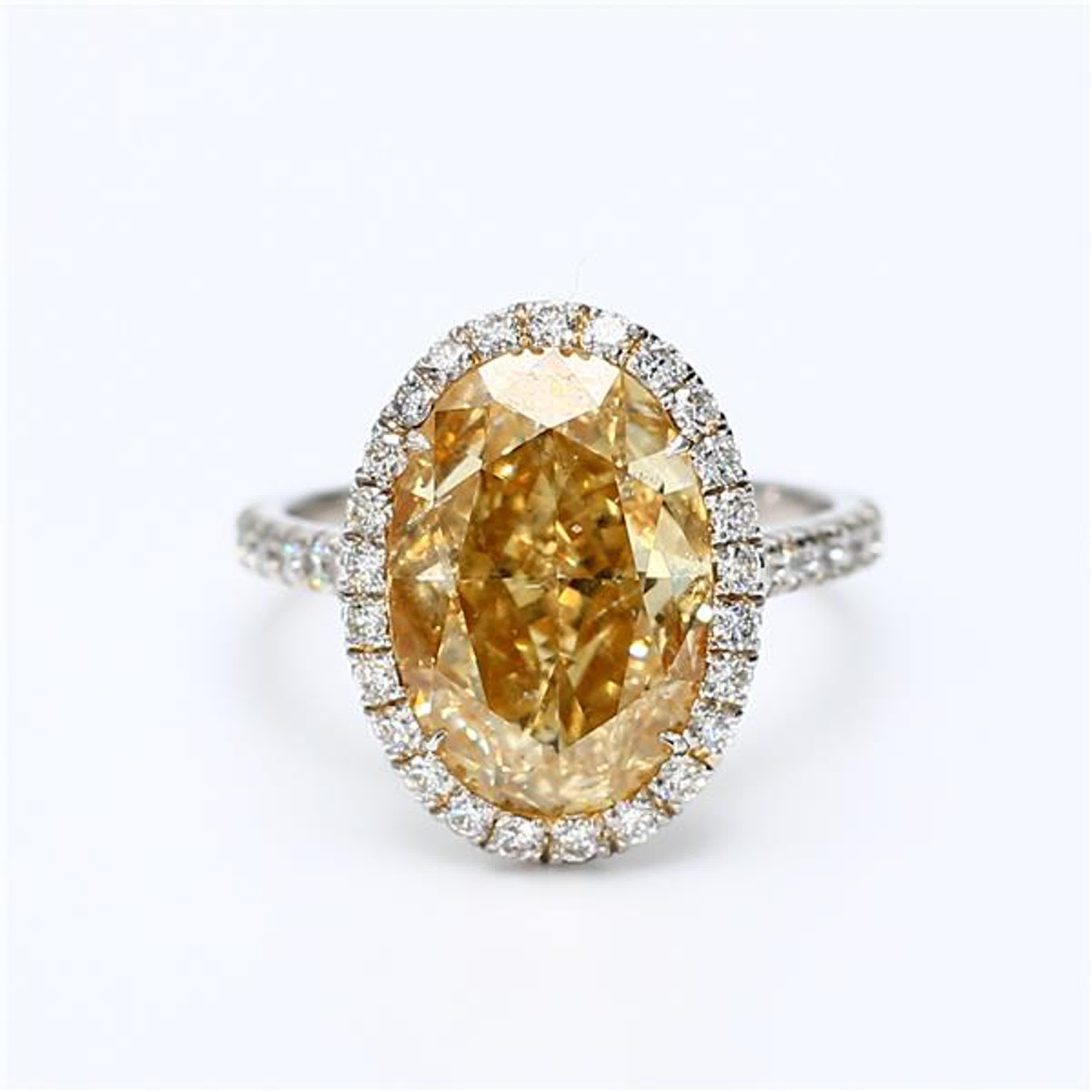 Der klassische GIA-zertifizierte Diamantring von RareGemWorld. Montiert in einer schönen Fassung aus Platin, 18K Gelb- und Weißgold mit einem natürlichen gelben Diamanten im Ovalschliff. Der gelbe Diamant ist von kleinen runden weißen Naturdiamanten