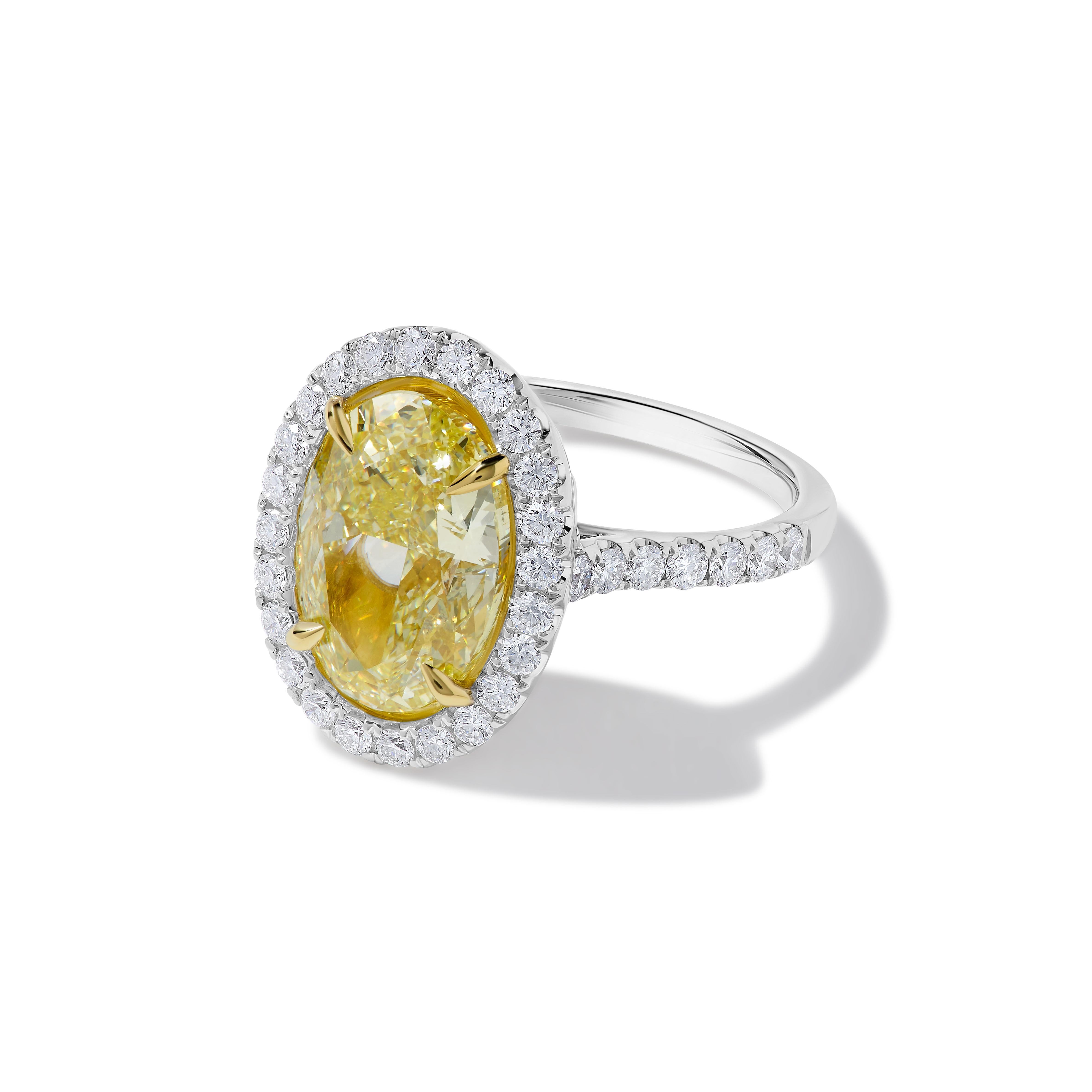Contemporary GIA Certified Natural Yellow Oval Diamond 5.78 Carat TW Gold Cocktail Ring For Sale
