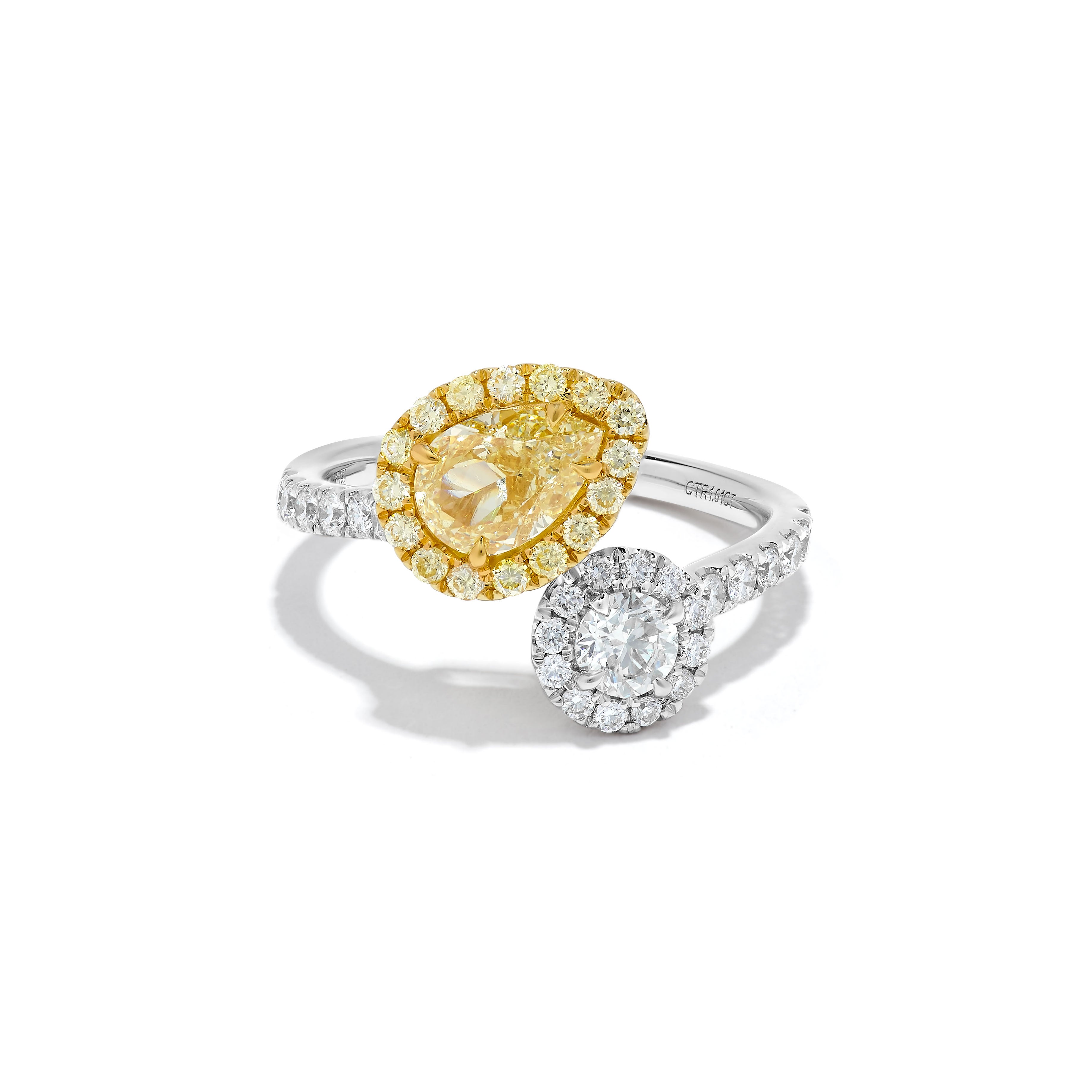 GIA Certified Natural Yellow Pear and White Diamond 1.86 Carat TW Gold Ring