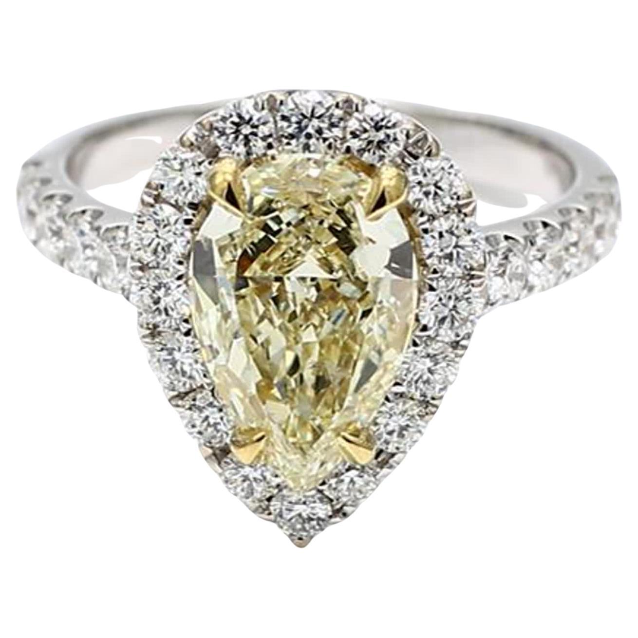 GIA Certified Natural Yellow Pear and White Diamond 3.41 Carat TW Gold Ring For Sale