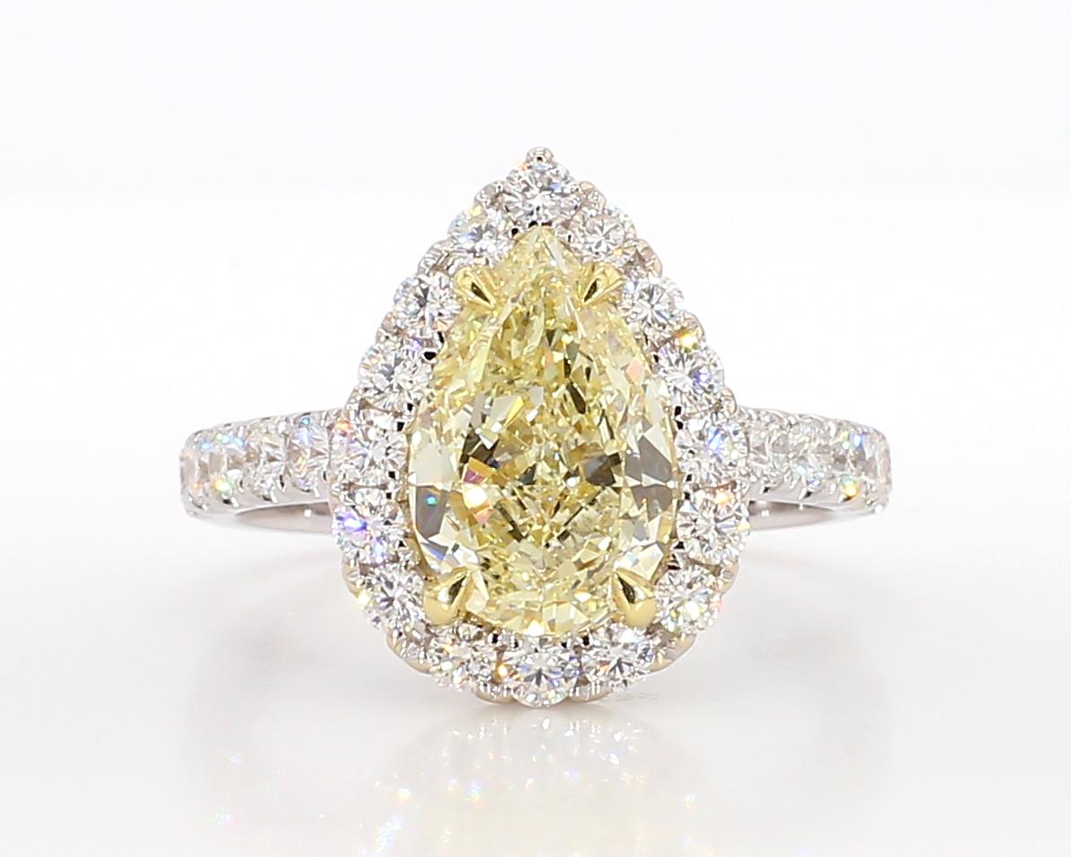 GIA Certified Natural Yellow Pear and White Diamond 3.41 Carat TW Gold Ring