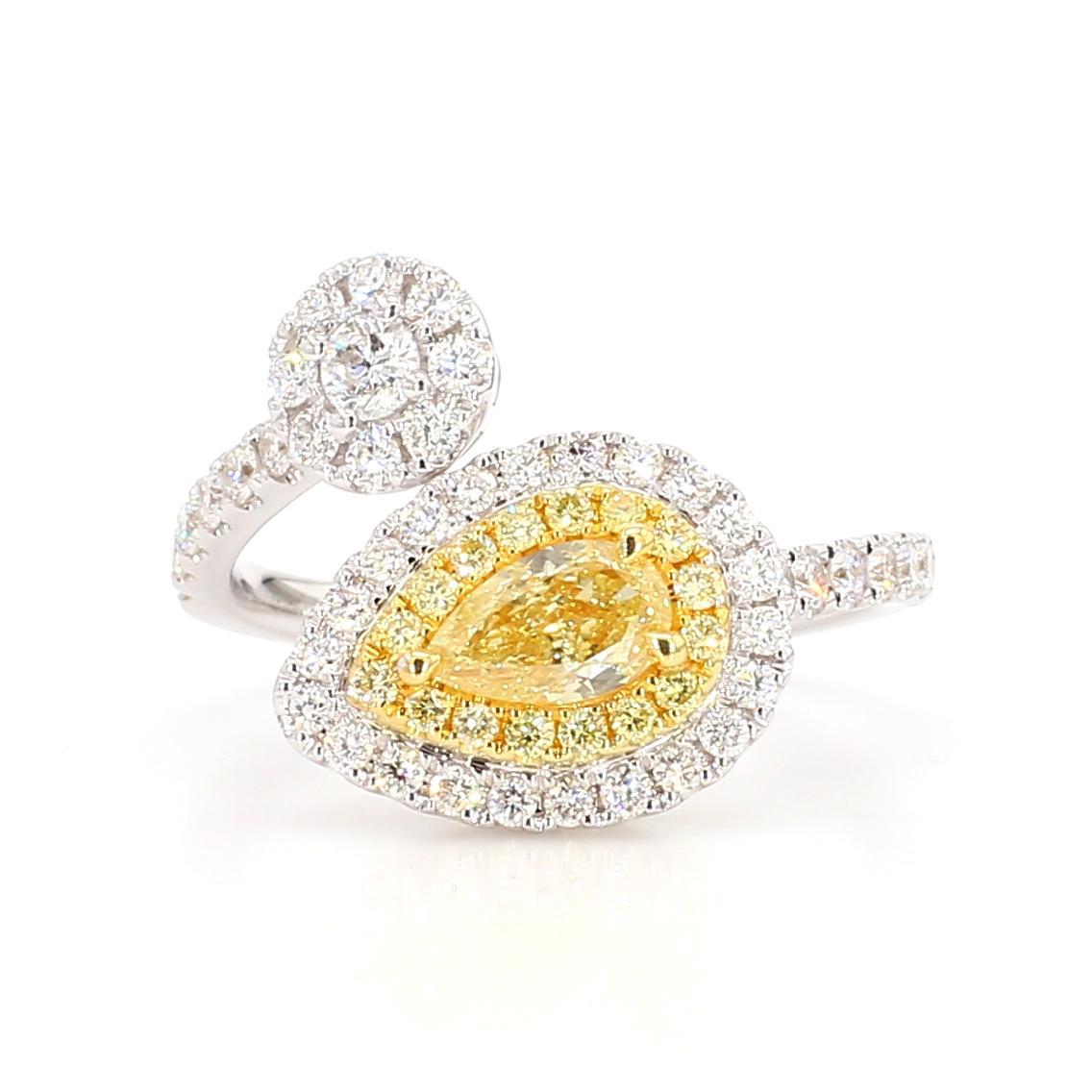 Pear Cut GIA Certified Natural Yellow Pear Diamond 1.30 Carat TW Gold Cocktail Ring For Sale