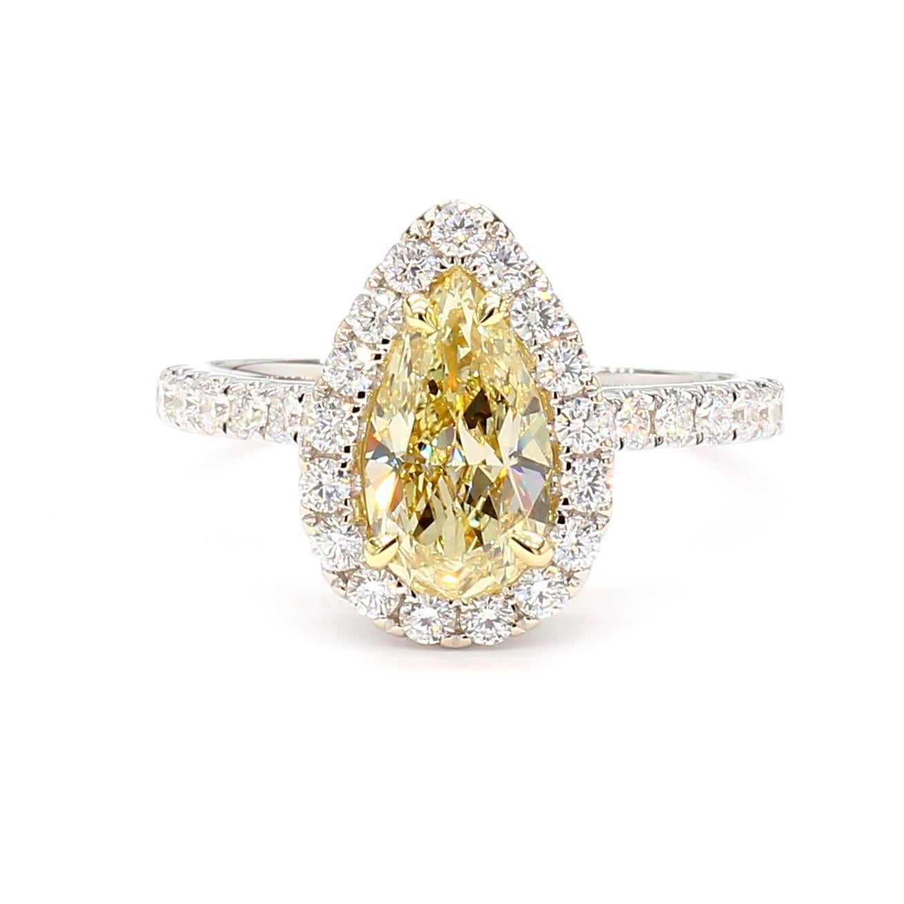 Contemporary GIA Certified Natural Yellow Pear Diamond 1.69 Carat TW Gold Cocktail Ring For Sale