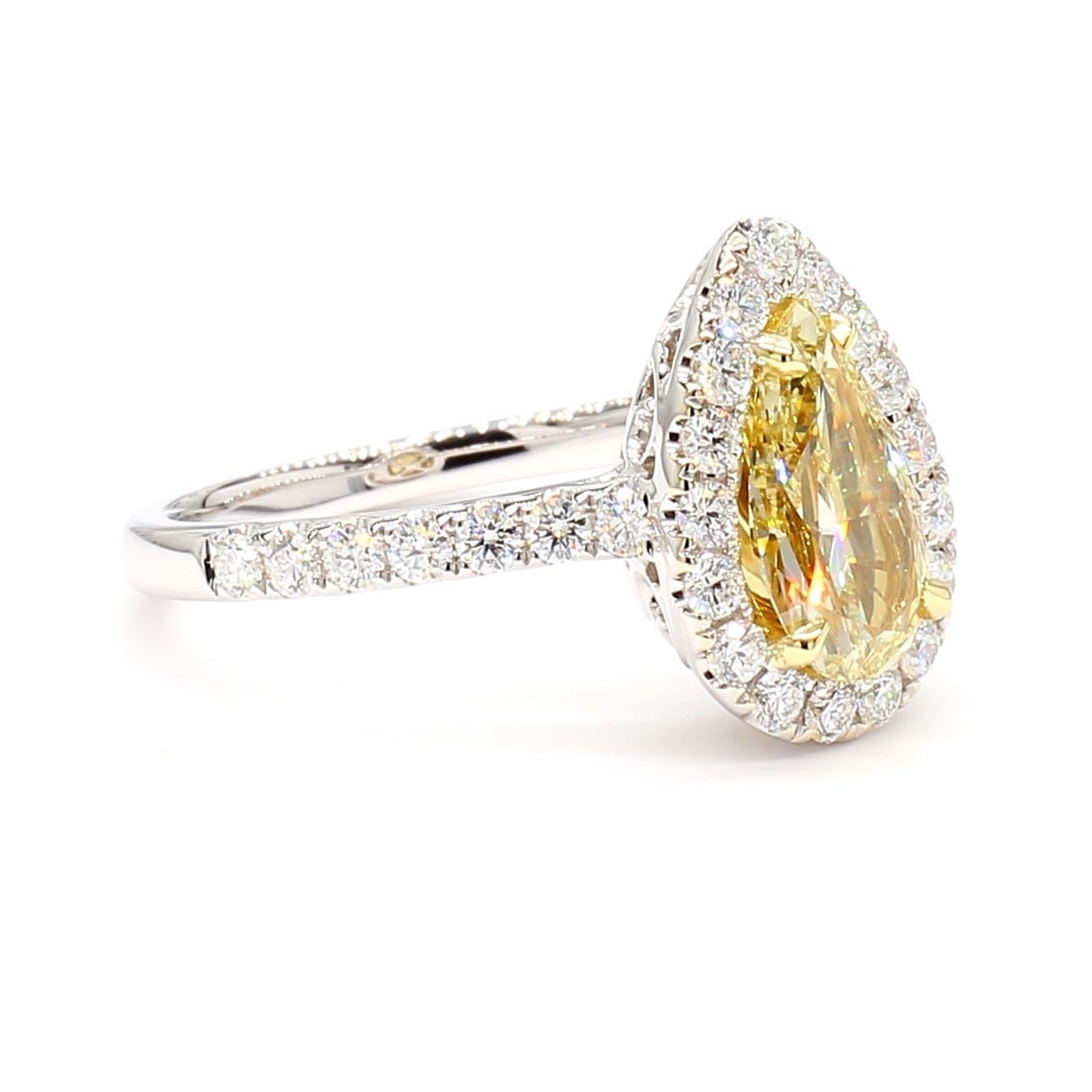 Pear Cut GIA Certified Natural Yellow Pear Diamond 1.69 Carat TW Gold Cocktail Ring For Sale