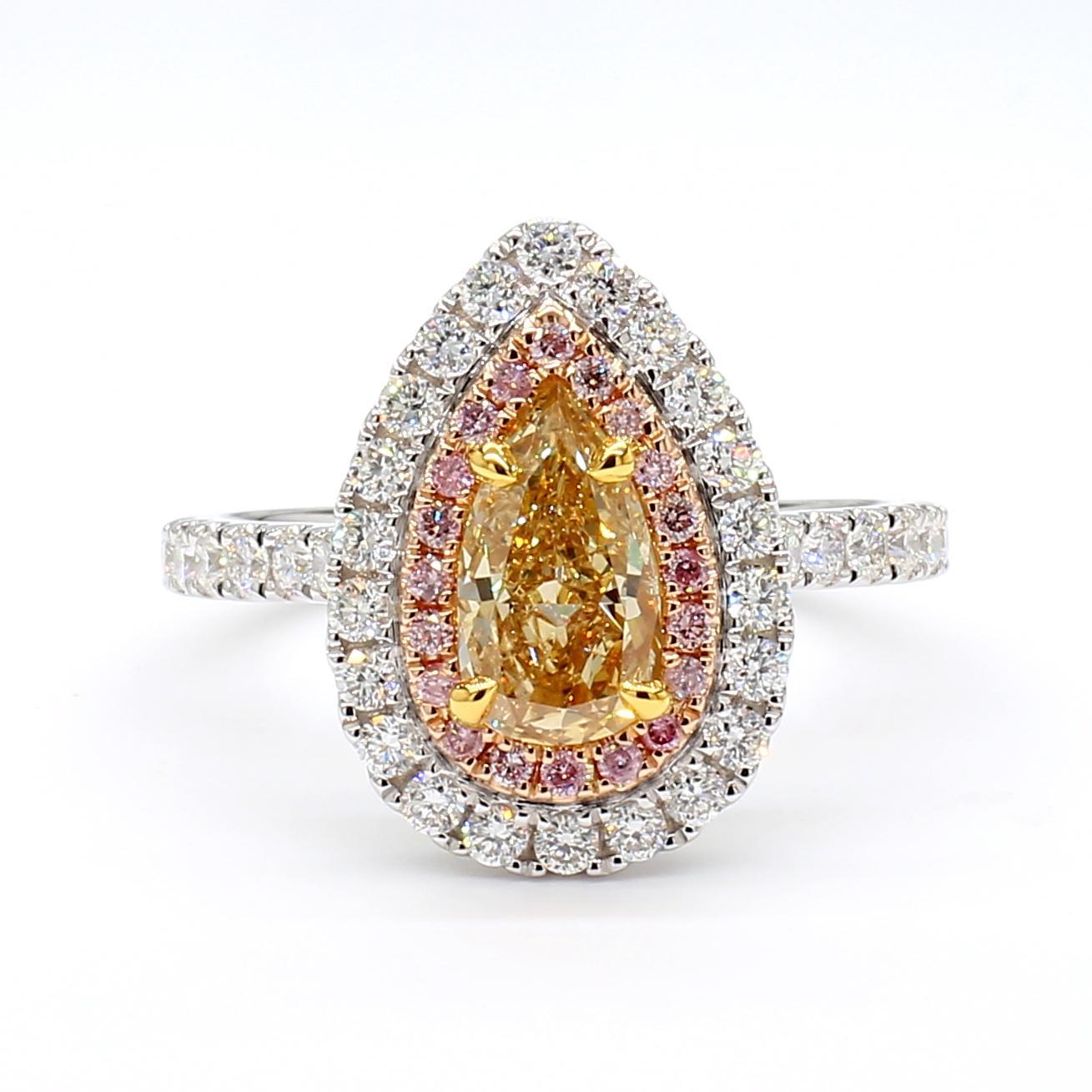 Contemporary GIA Certified Natural Yellow Pear Diamond 1.80 Carat TW Gold Cocktail Ring For Sale