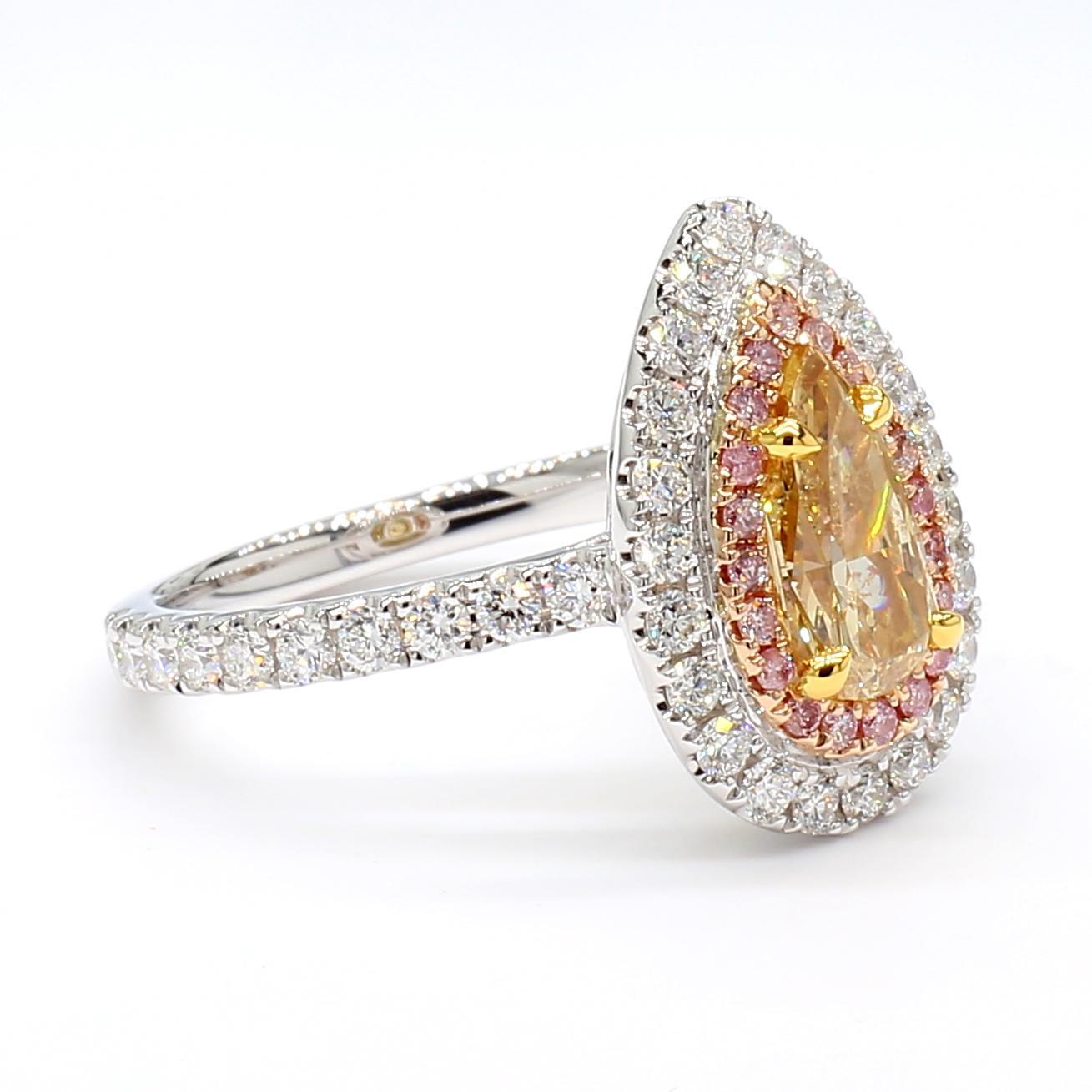 Pear Cut GIA Certified Natural Yellow Pear Diamond 1.80 Carat TW Gold Cocktail Ring For Sale