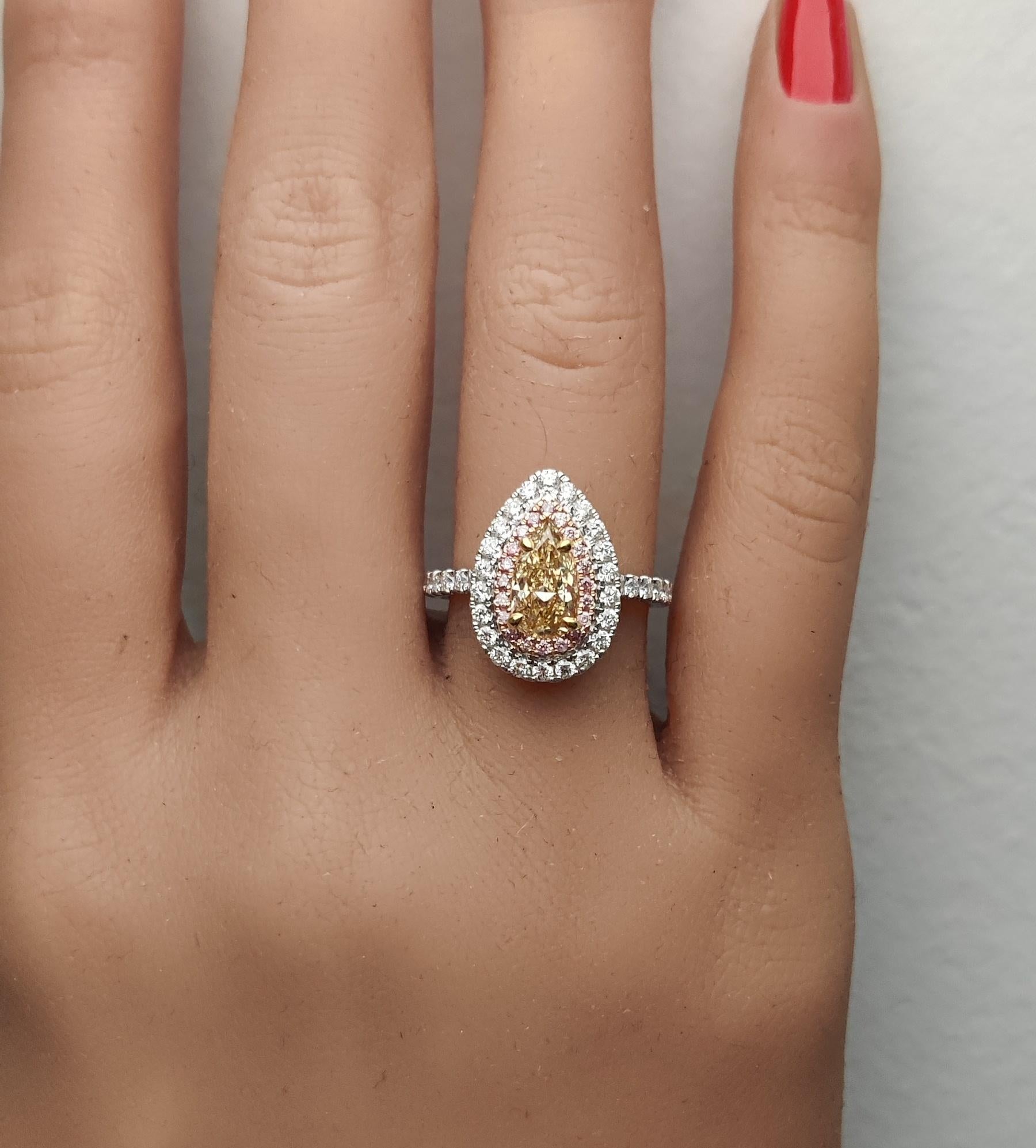 GIA Certified Natural Yellow Pear Diamond 1.80 Carat TW Gold Cocktail Ring In New Condition For Sale In New York, NY